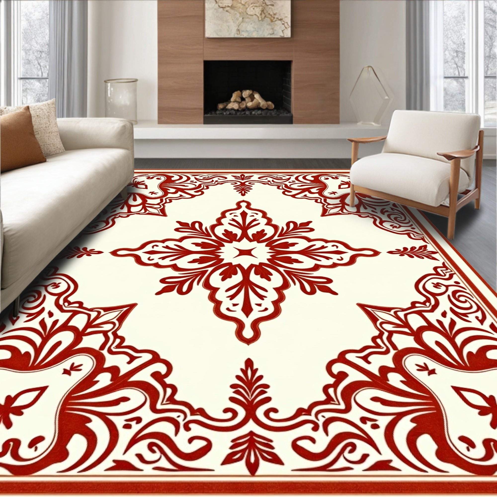 Ornate Red Bloom Square Rug