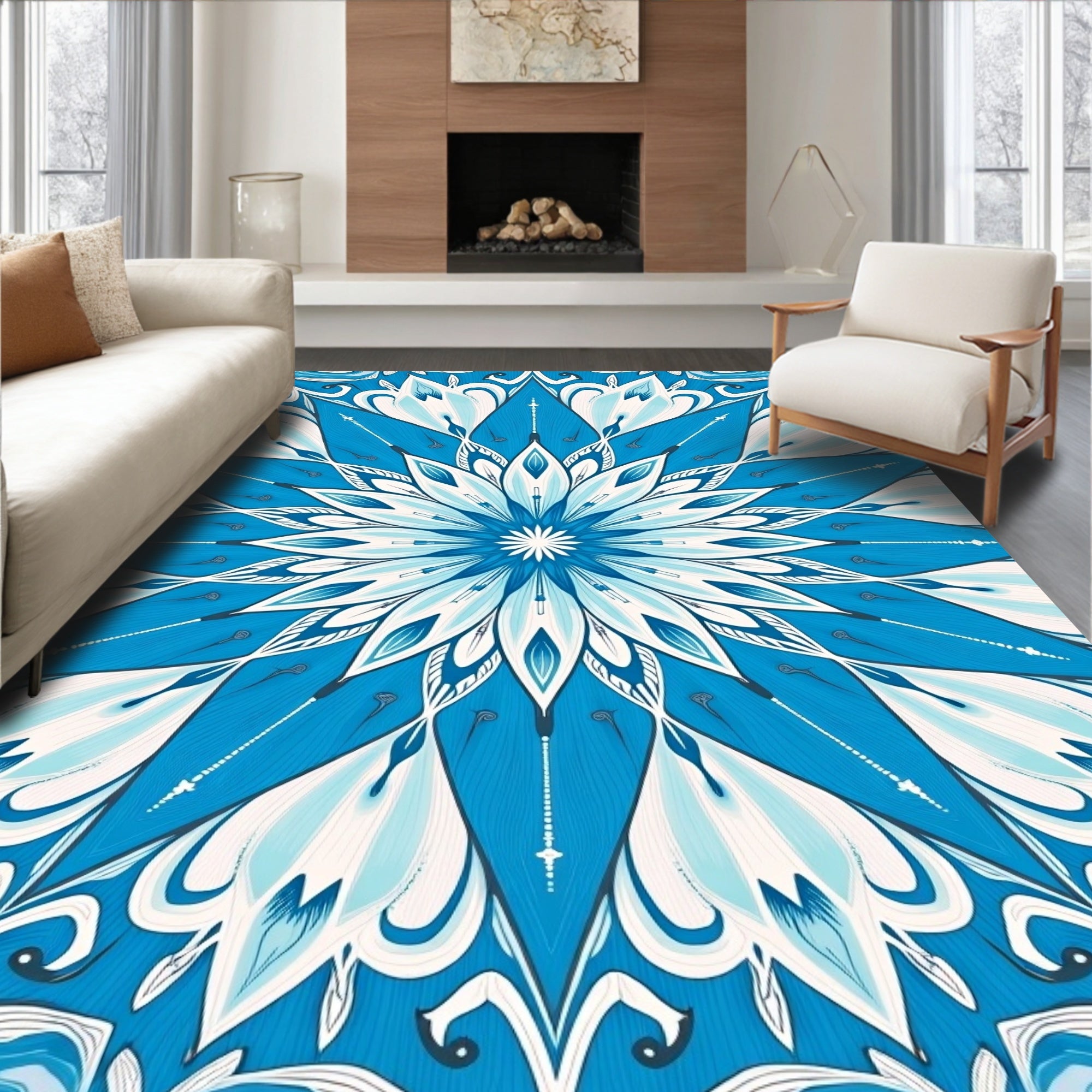 Radial Blue Petal Symmetry Rug