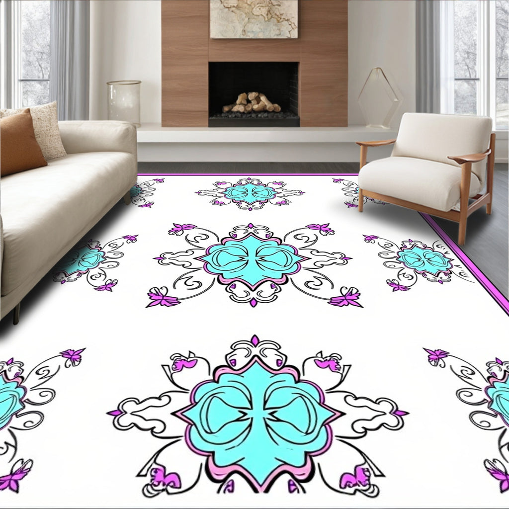 Turquoise Pink Floral Medallion Arrangement Rug