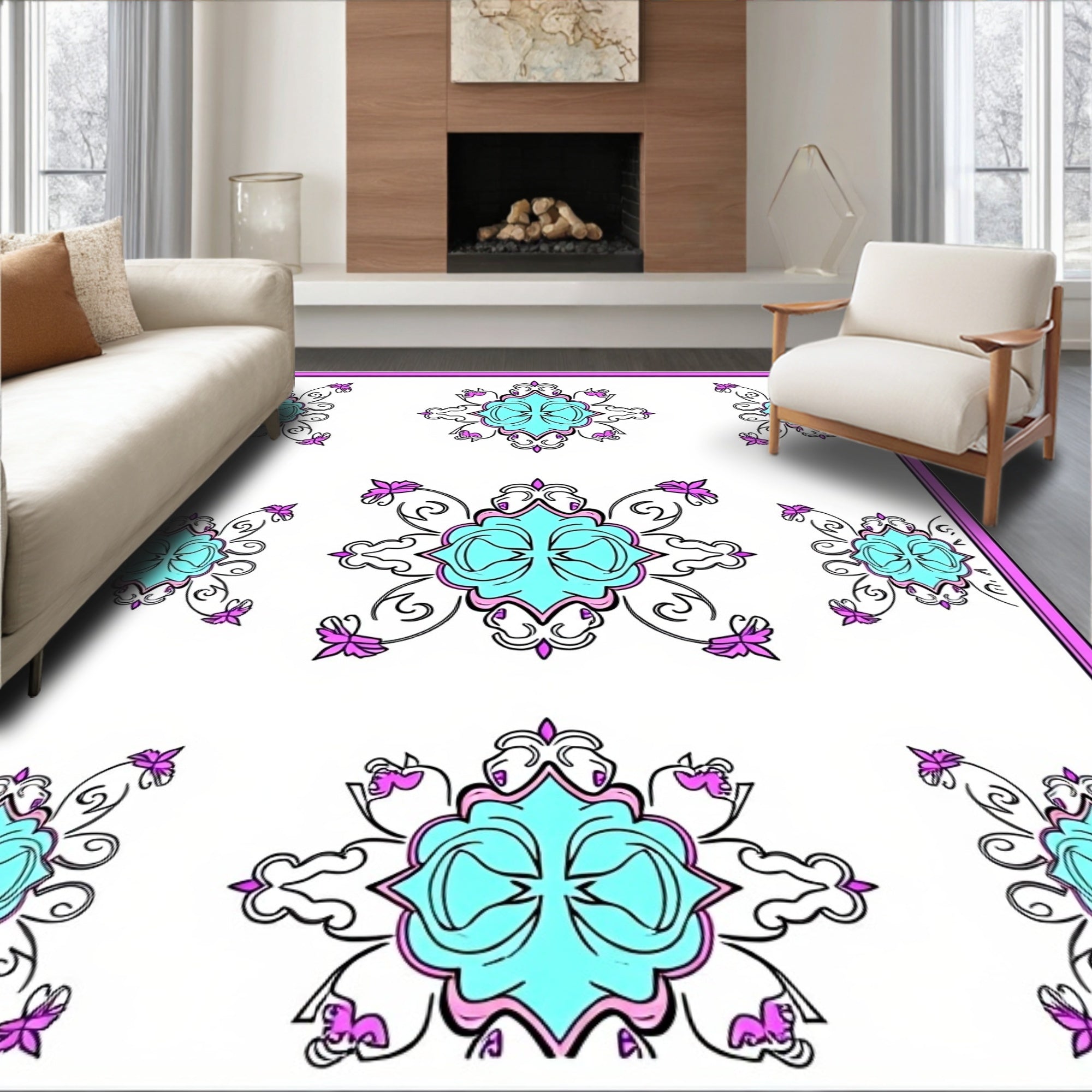 Turquoise Pink Floral Medallion Arrangement Rug
