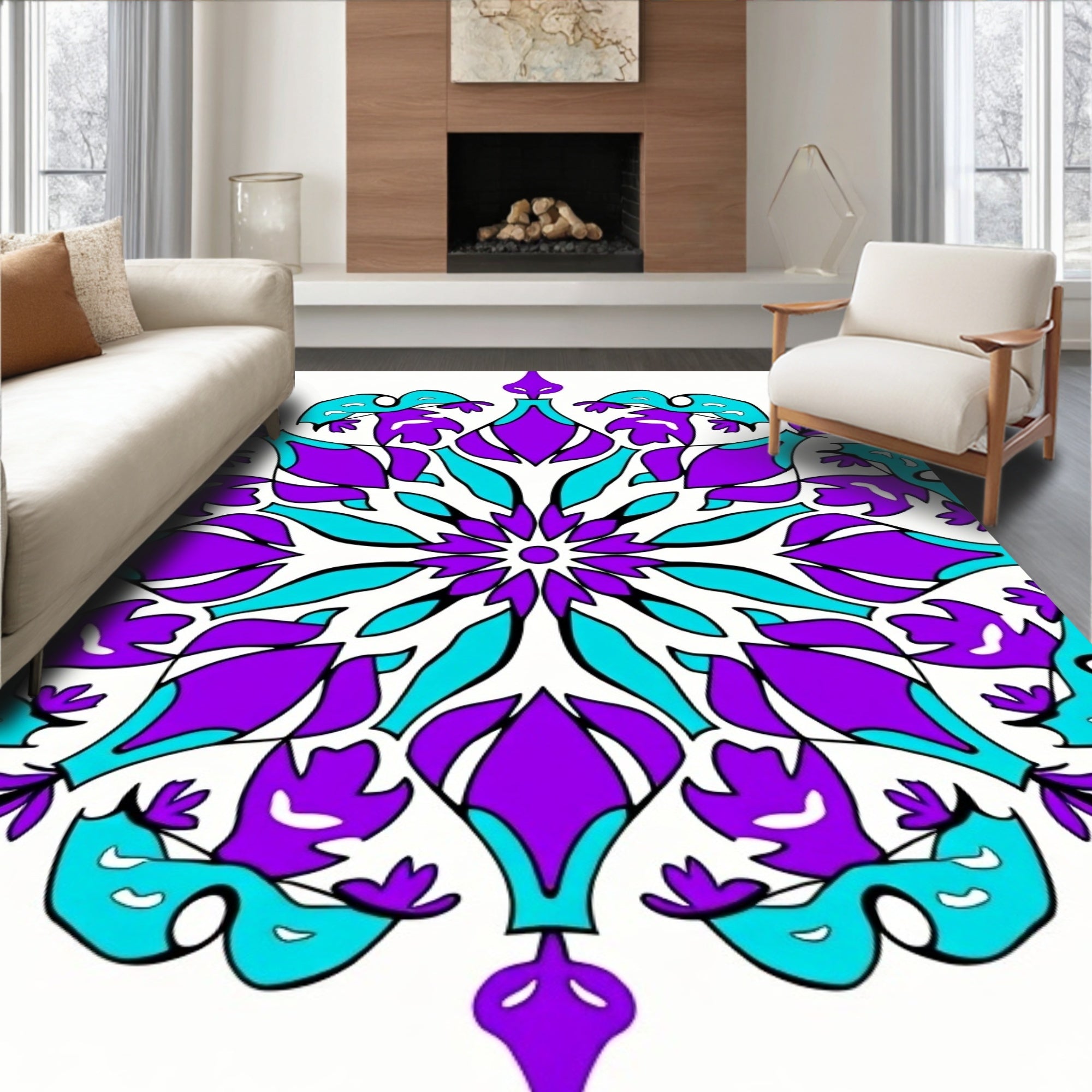 Radiant Purple Blue Starburst Mandala Rug