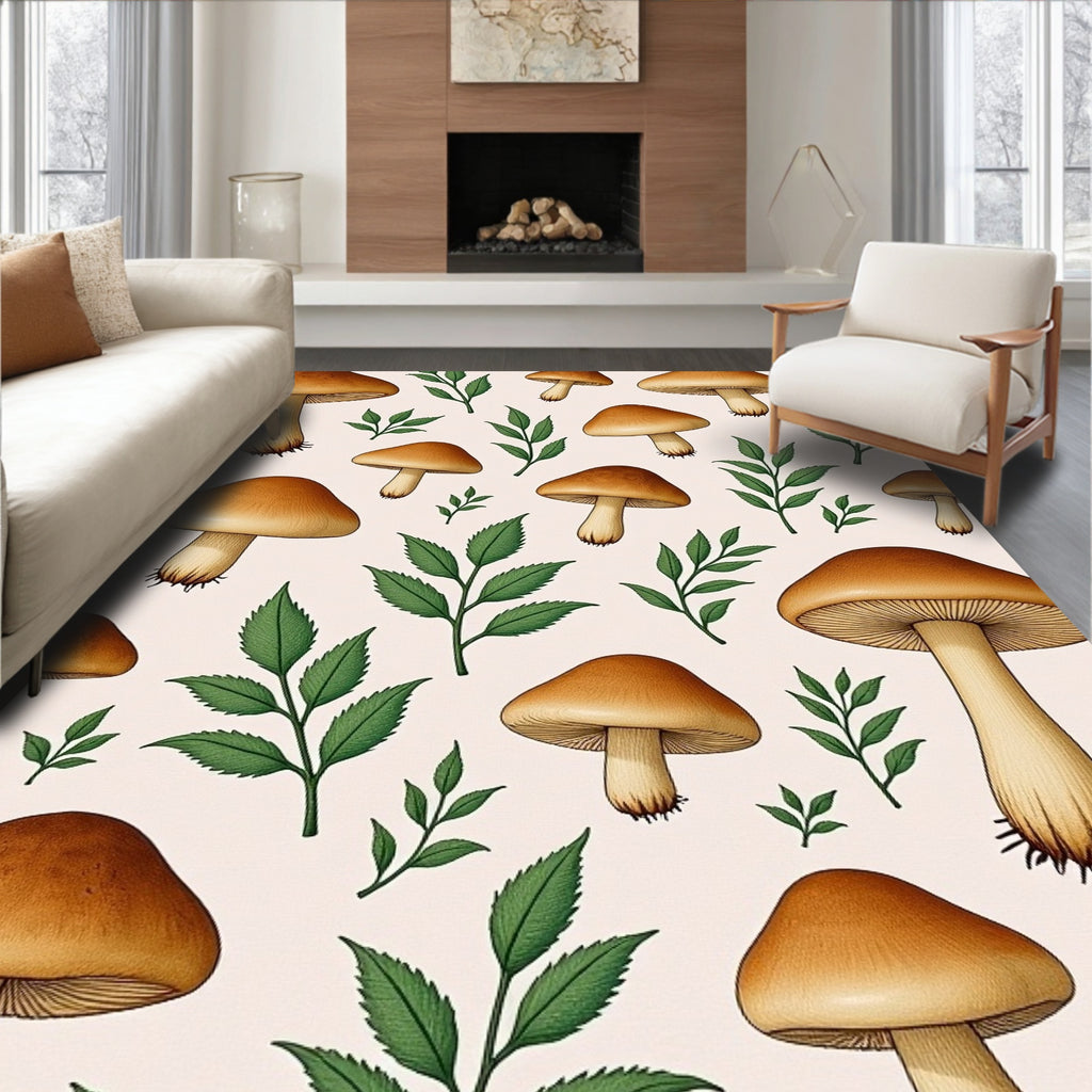 Whimsical Brown Mushroom Garden Foliage Rug