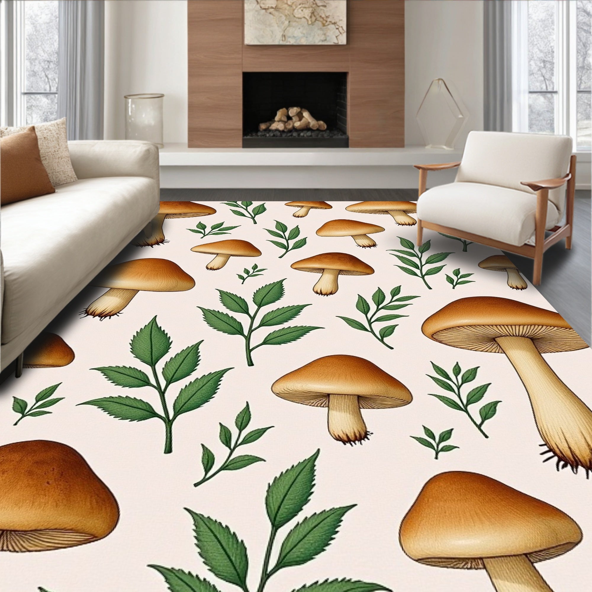 Whimsical Brown Mushroom Garden Foliage Rug