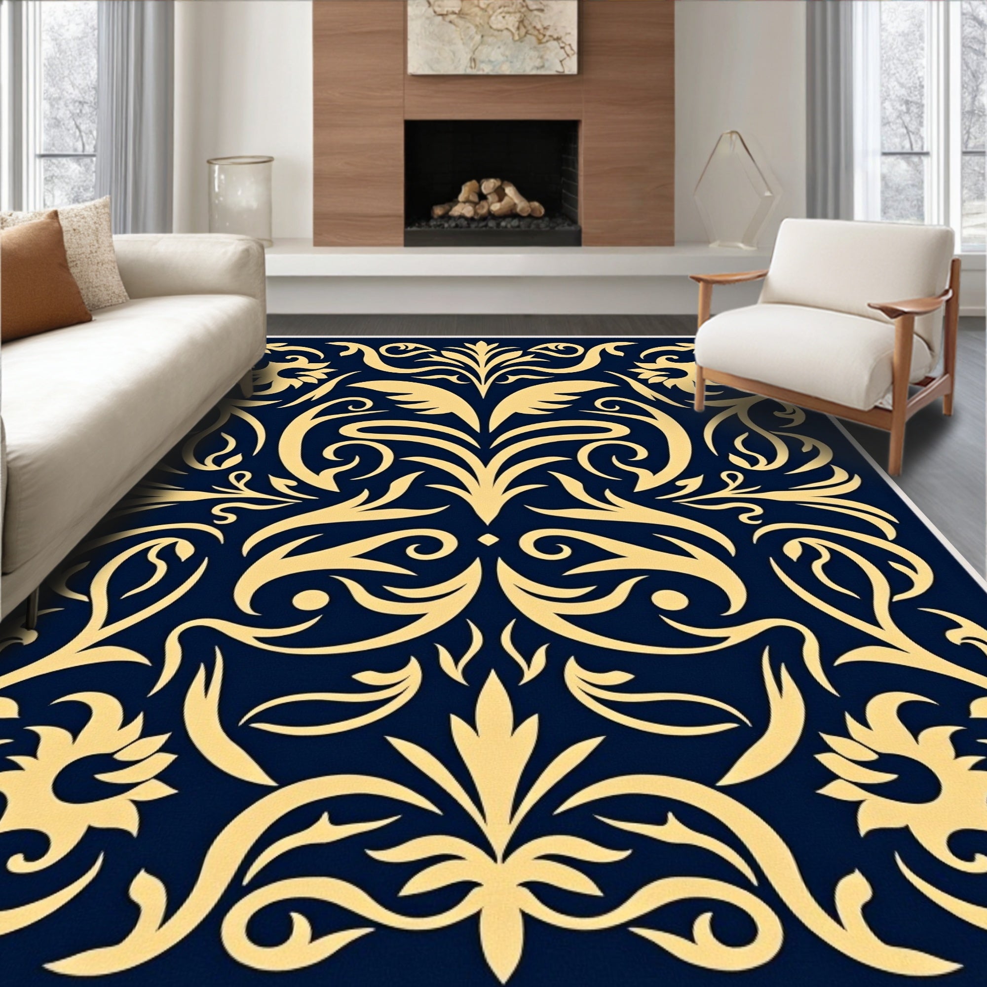 Regal Navy Gold Flourish Abstraction Rug