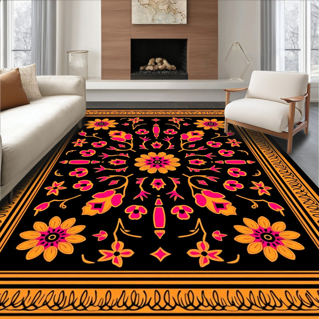 Black Orange Pink Floral Symmetry Rug