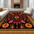 Black Orange Pink Floral Symmetry Rug