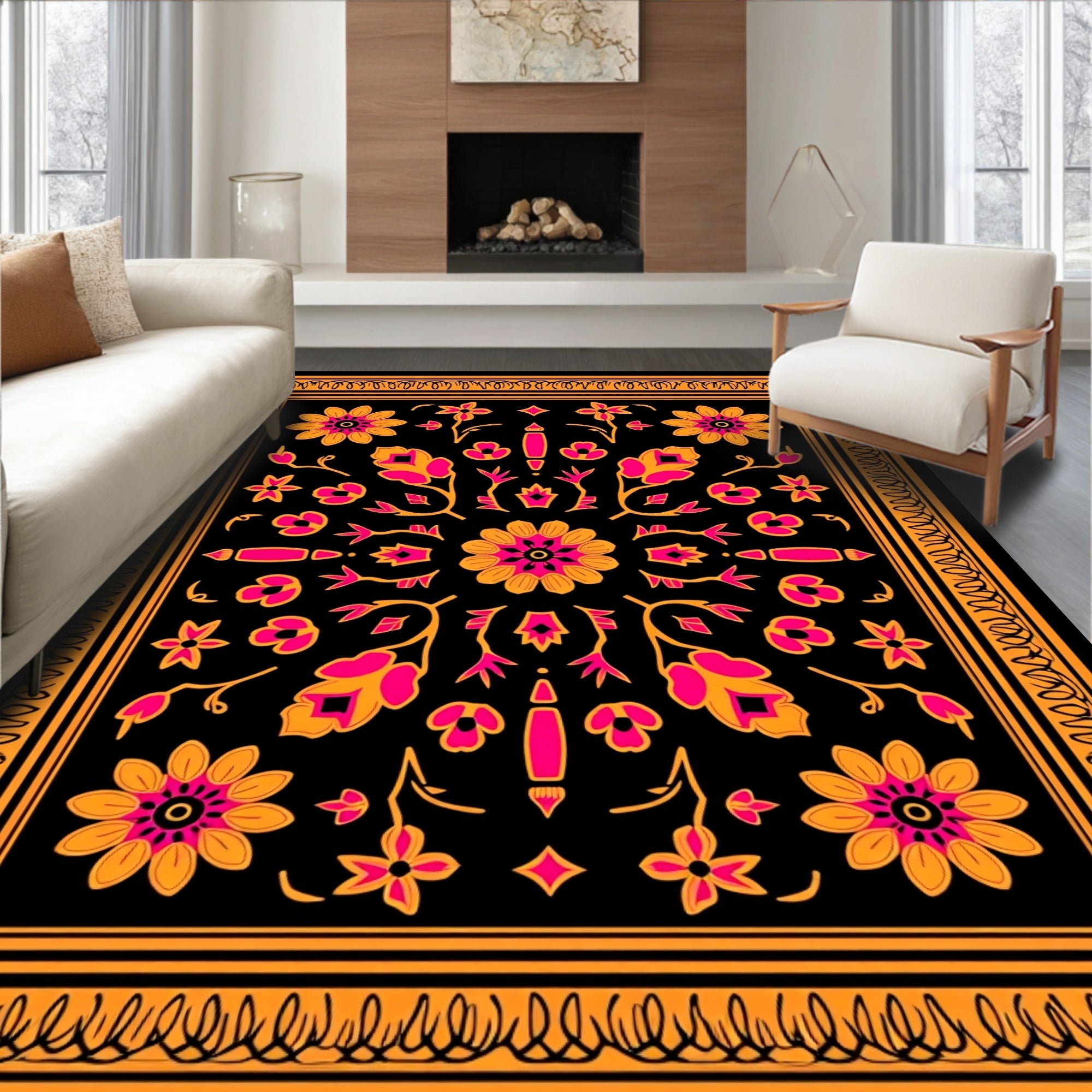 Black Orange Pink Floral Symmetry Rug