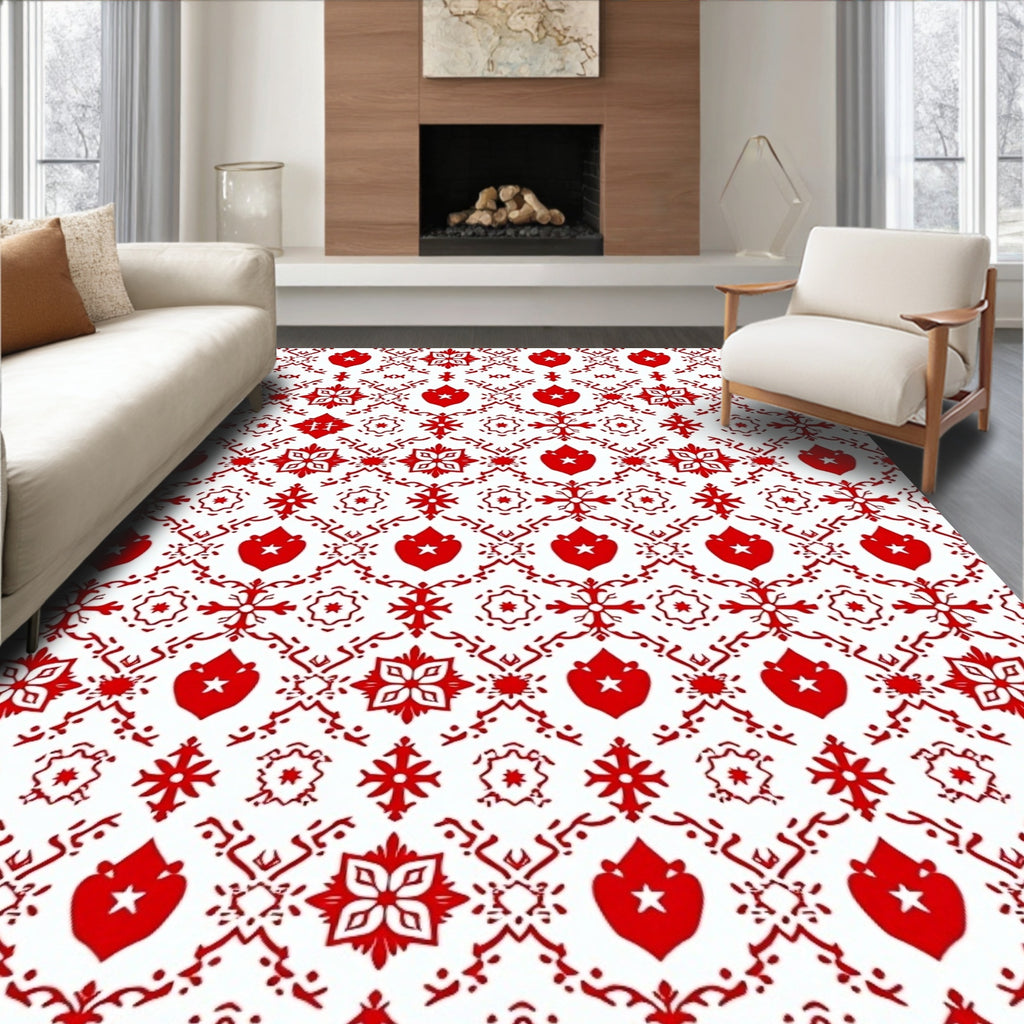 Traditional Red And White Heart Medallion Rug