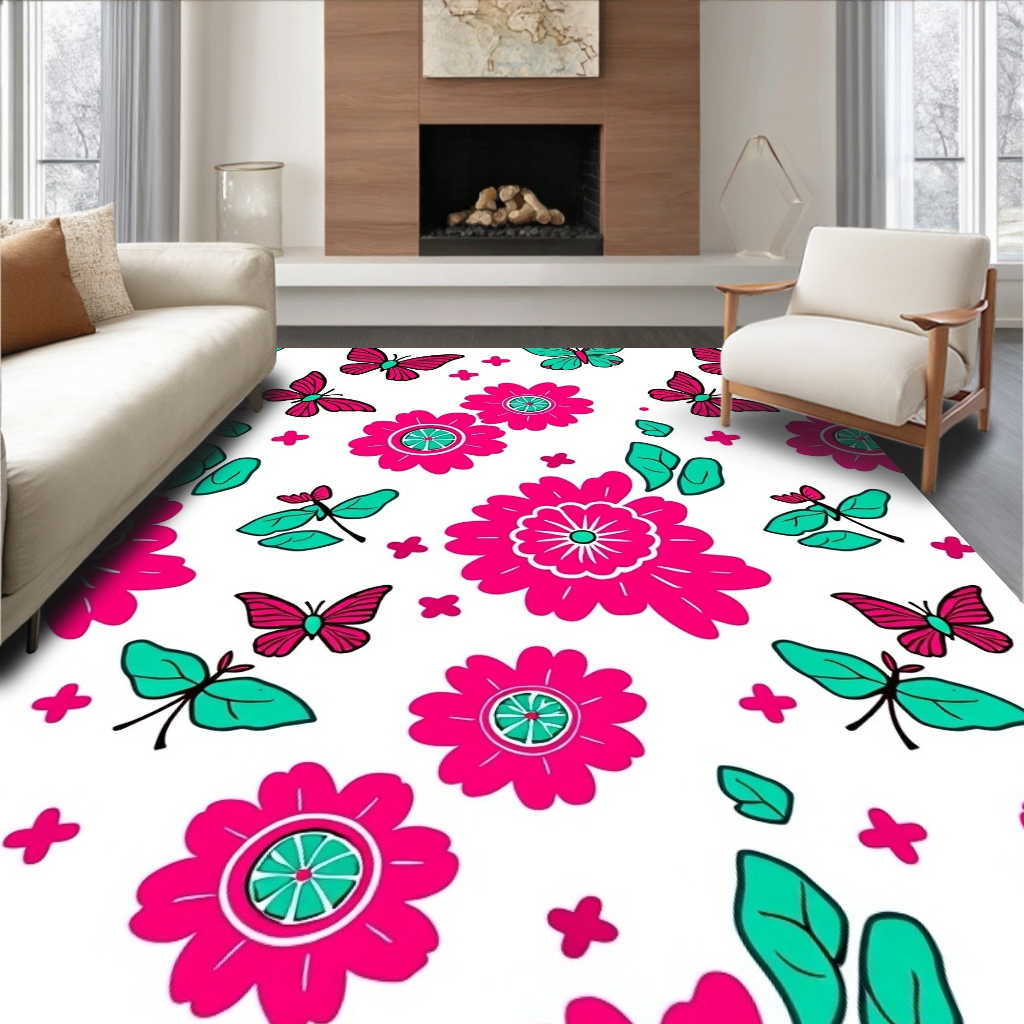 Vibrant Pink Teal Butterfly Floral Garden Rug