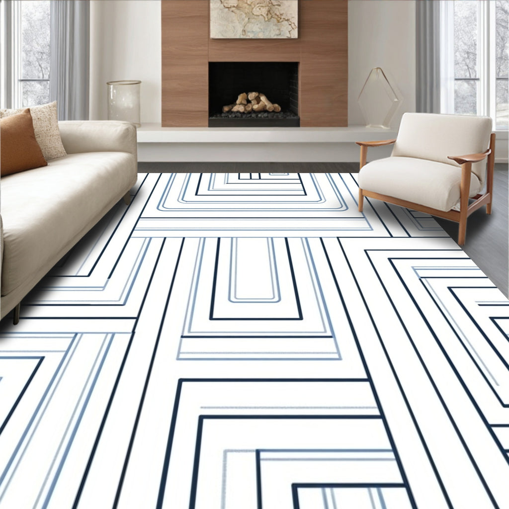 Cool Blue Modern Geometric Lines Rug