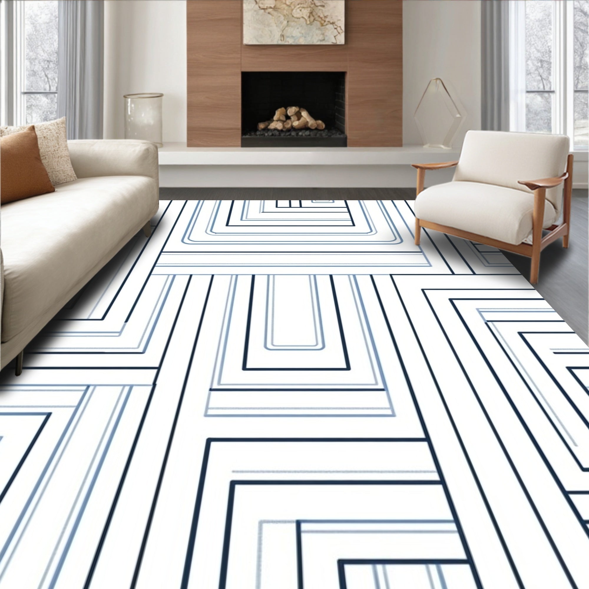 Cool Blue Modern Geometric Lines Rug