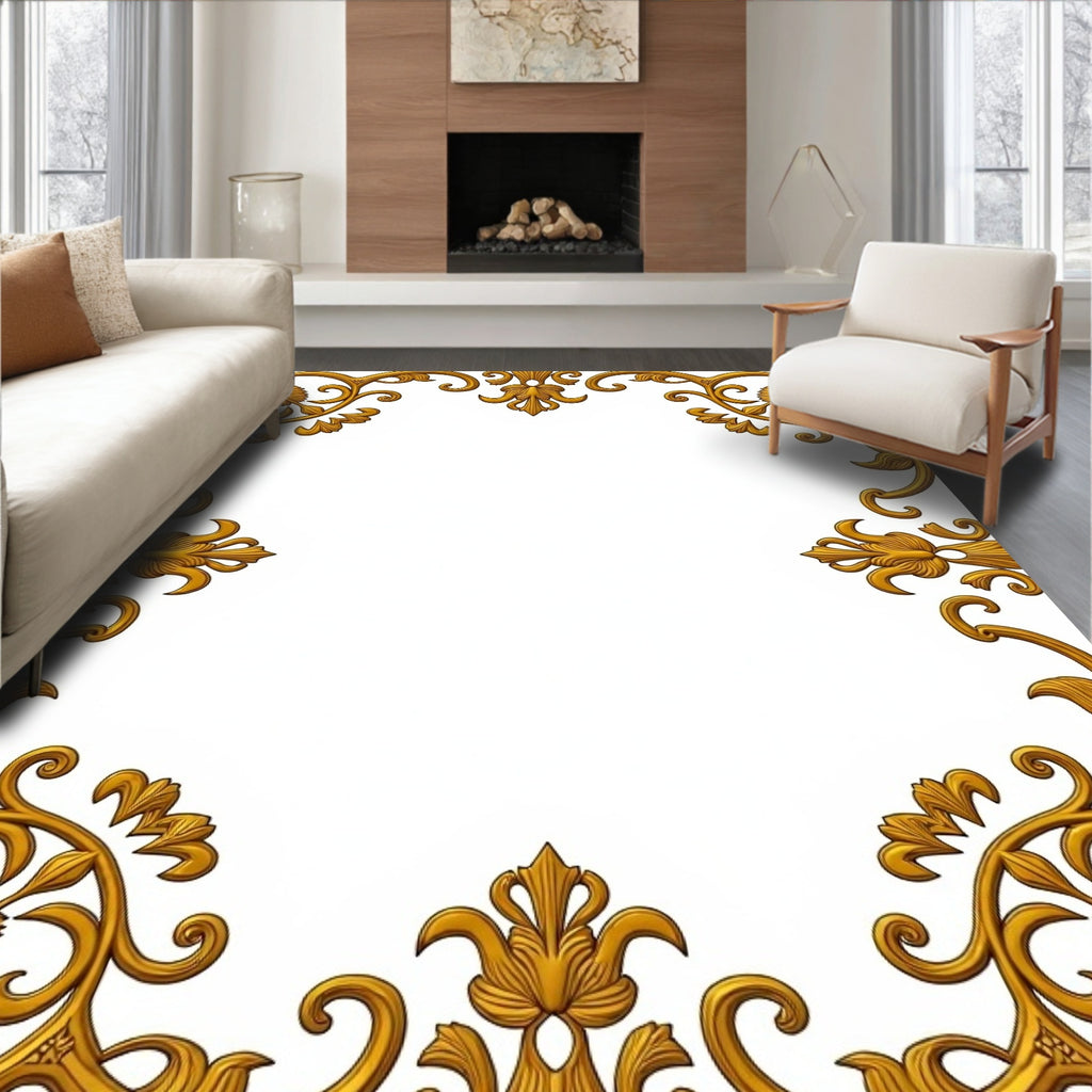 Golden Ornate Floral Corner Flourish Rug