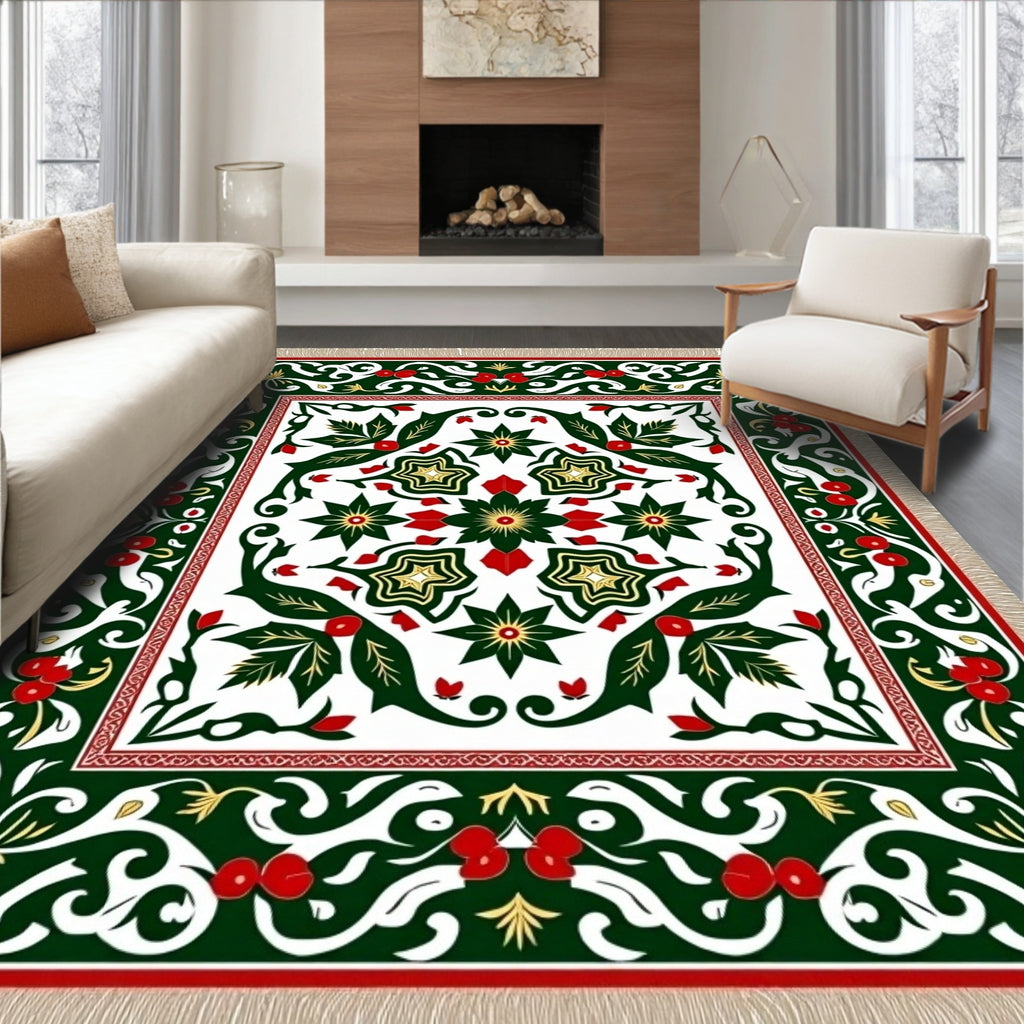 Emerald Green Red Berry Floral Medallion Rug