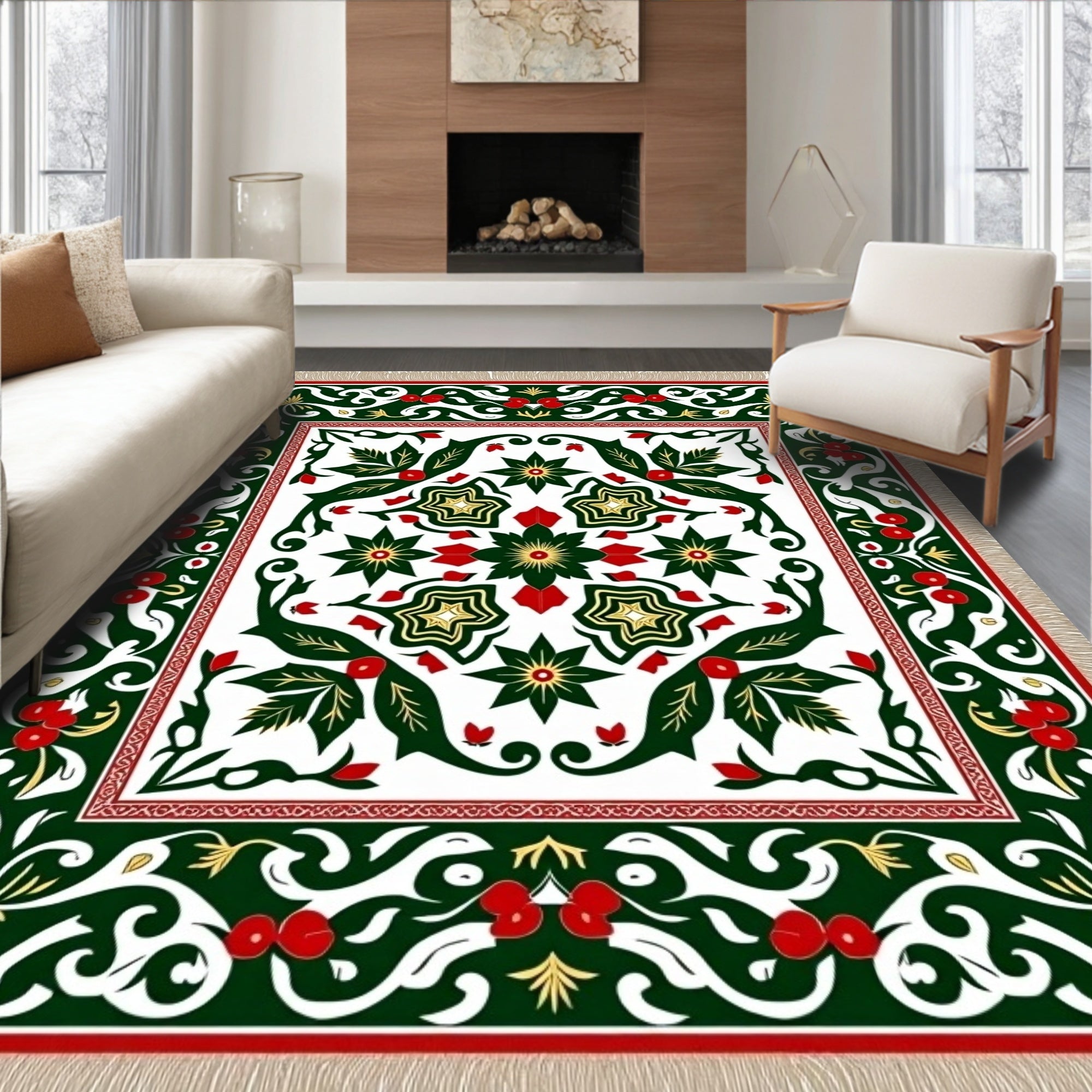 Emerald Green Red Berry Floral Medallion Rug