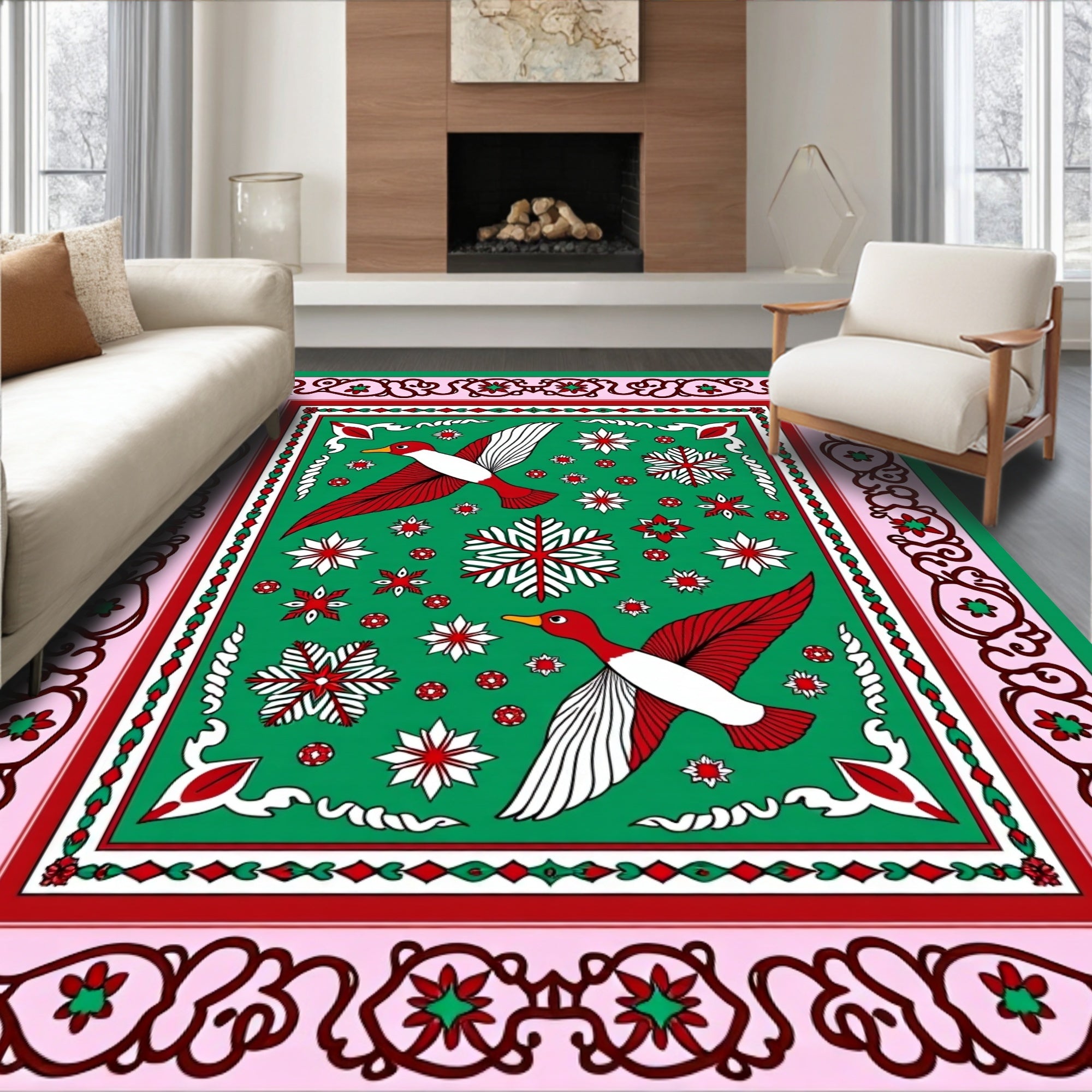 Whimsical Flying Birds Green Floral Rug