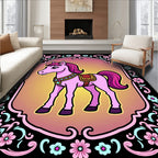 Whimsical Pink Horse Floral Border Rug