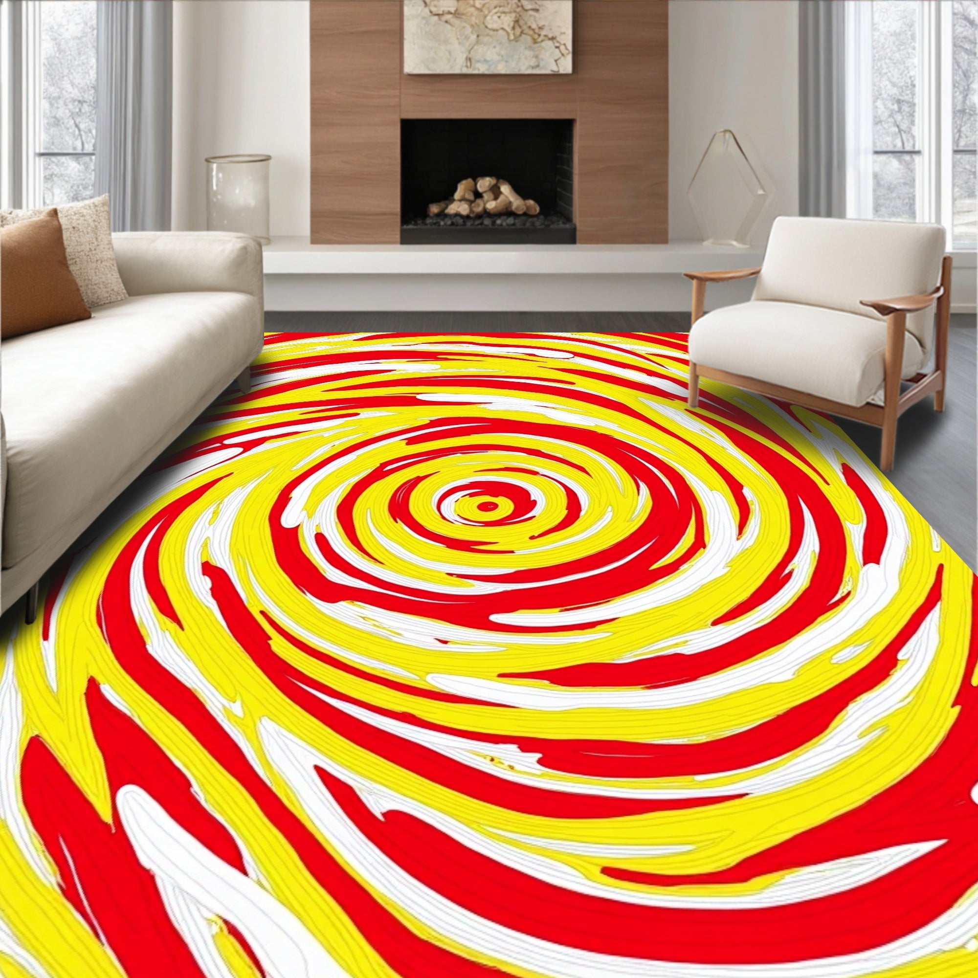 Vibrant Red Yellow Swirl Abstract Rug