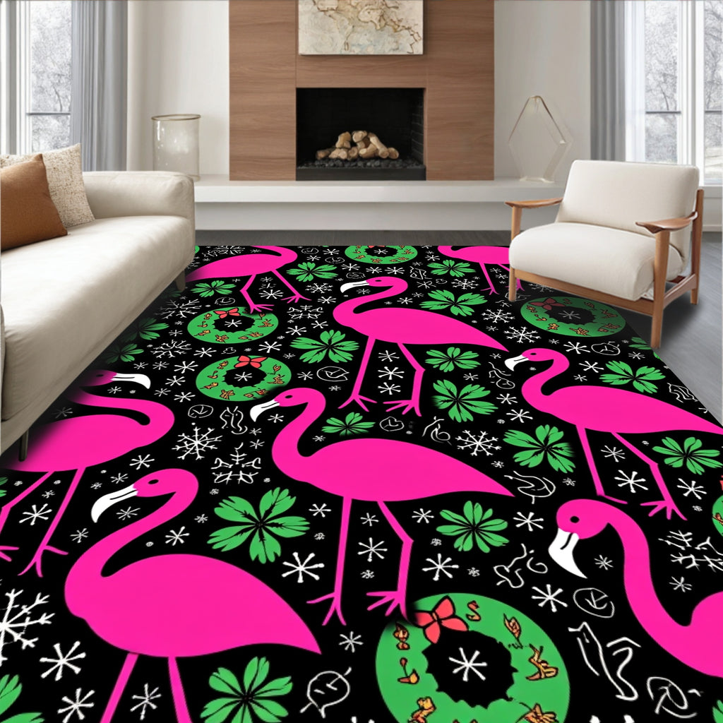 Bright Pink Flamingo Christmas Wreath Snowflakes Rug
