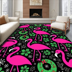 Bright Pink Flamingo Christmas Wreath Snowflakes Rug