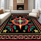 Red Teal Star Compass Foliage Border Rug