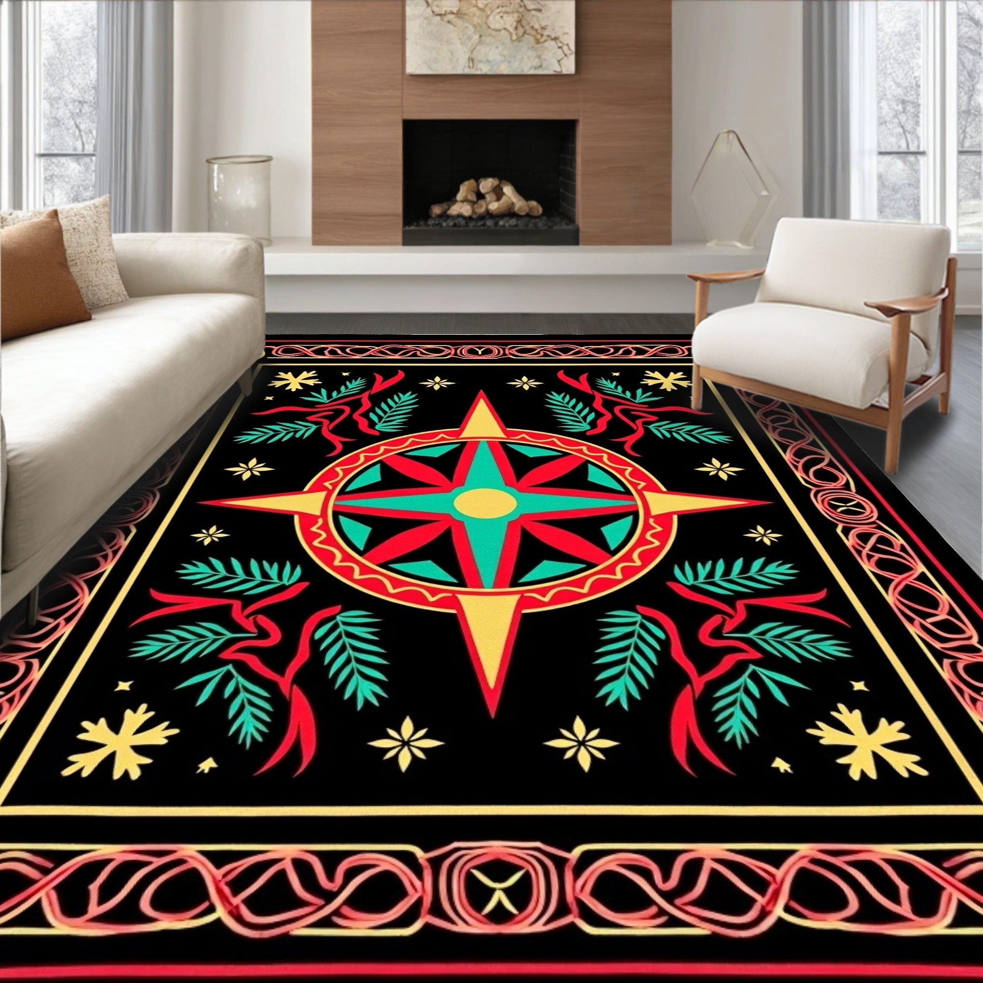 Red Teal Star Compass Foliage Border Rug