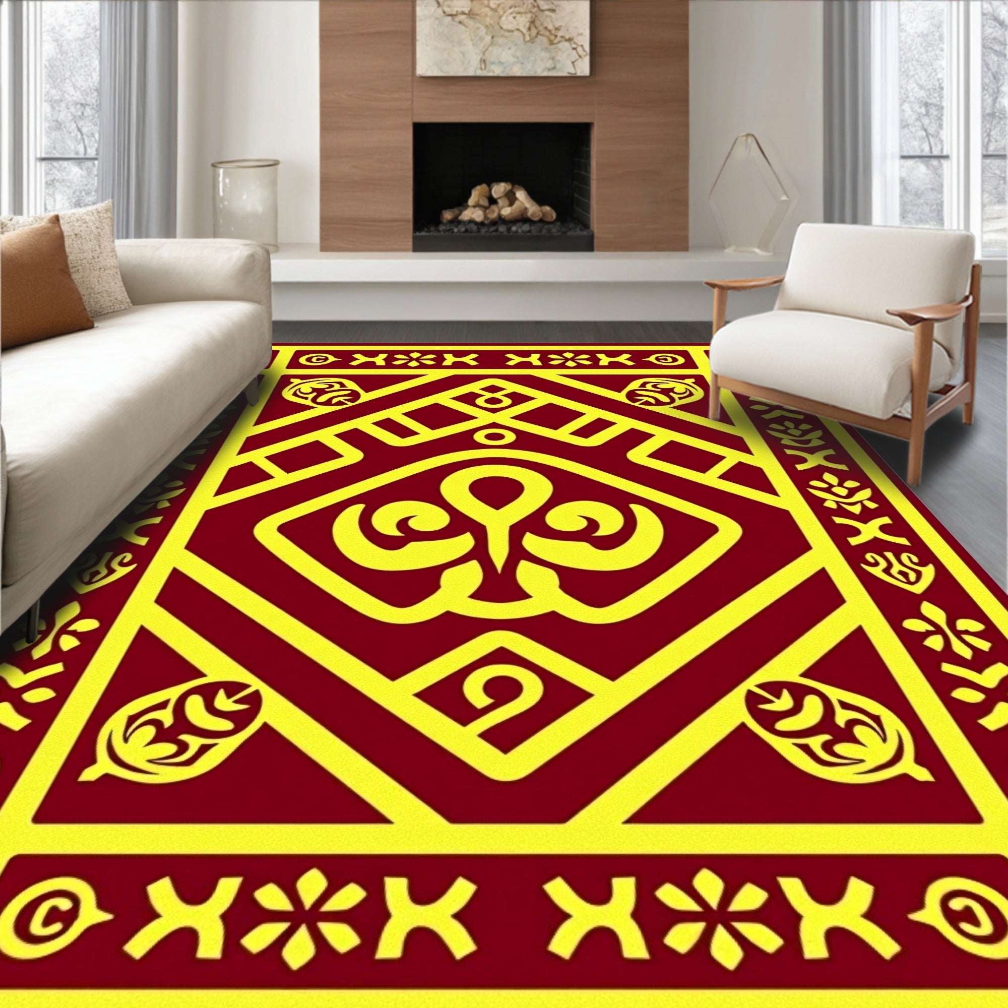 Crimson Yellow Geometric Ornament Rug