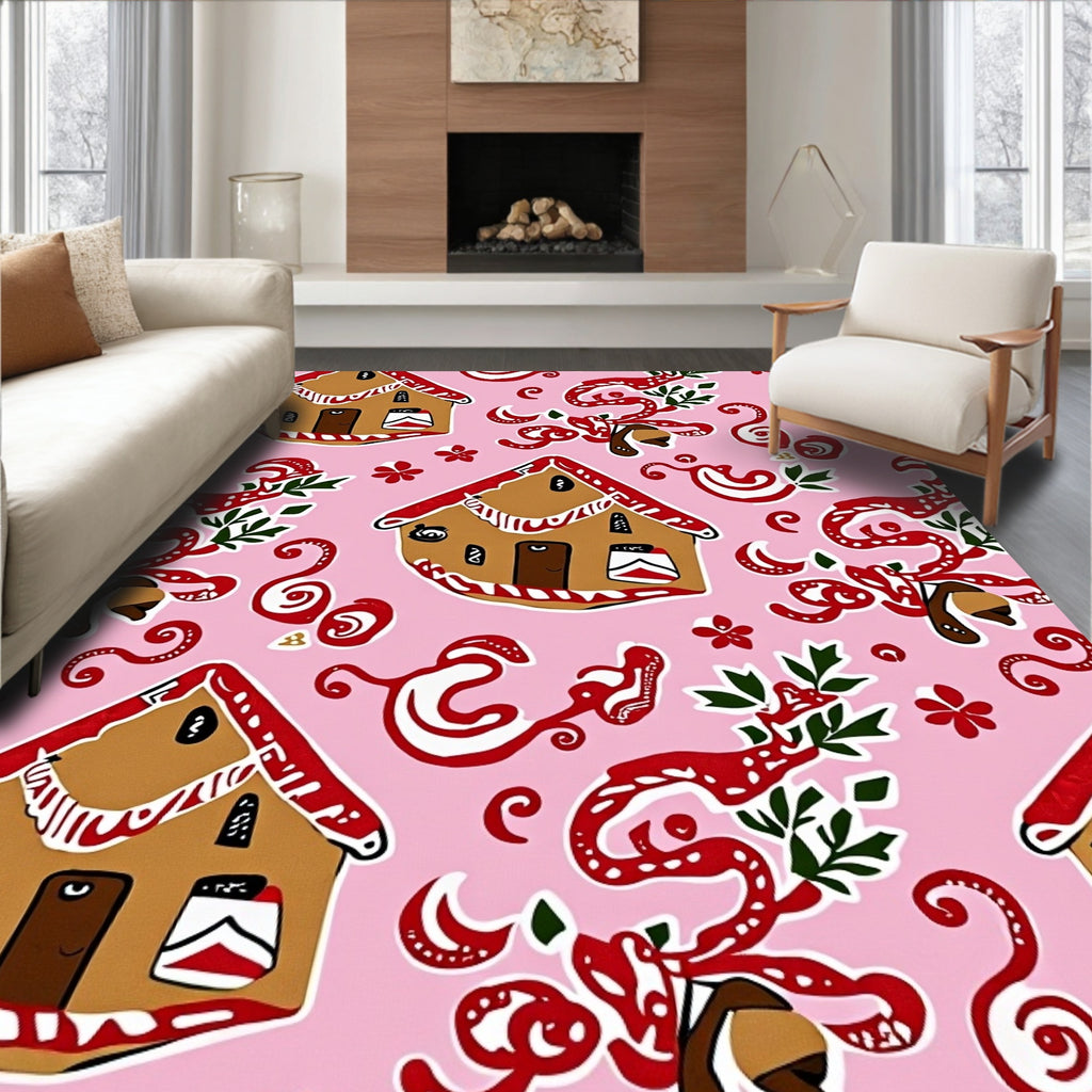 Pink Gingerbread House Collage Rug