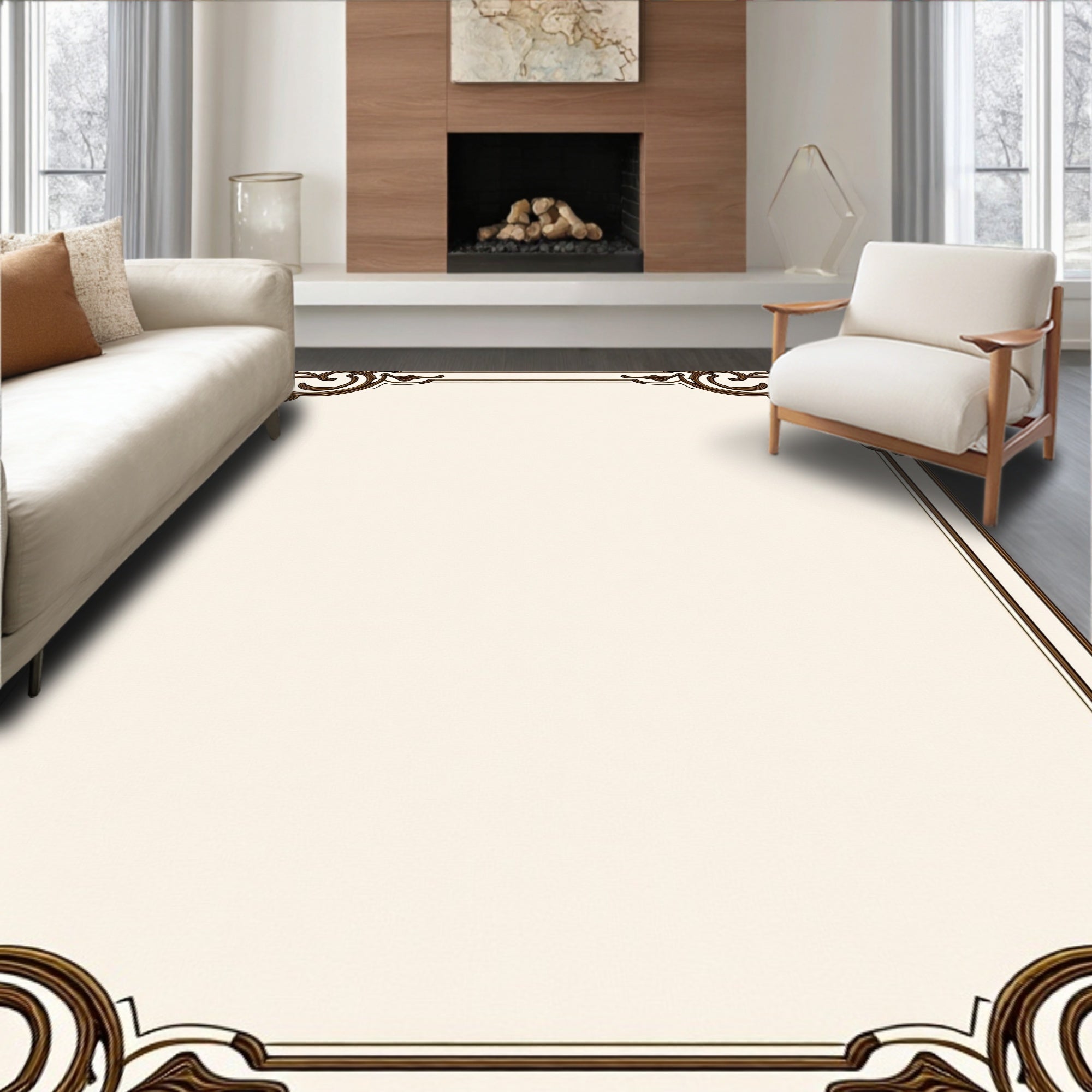 Elegant Brown Ornamental Scroll Border Rug