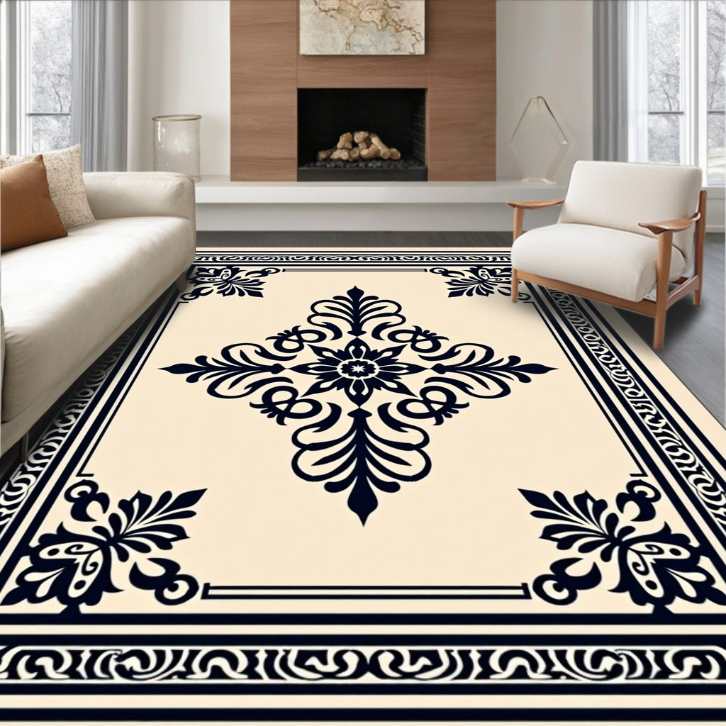 Dark Navy Damask Floral Centerpiece Rug