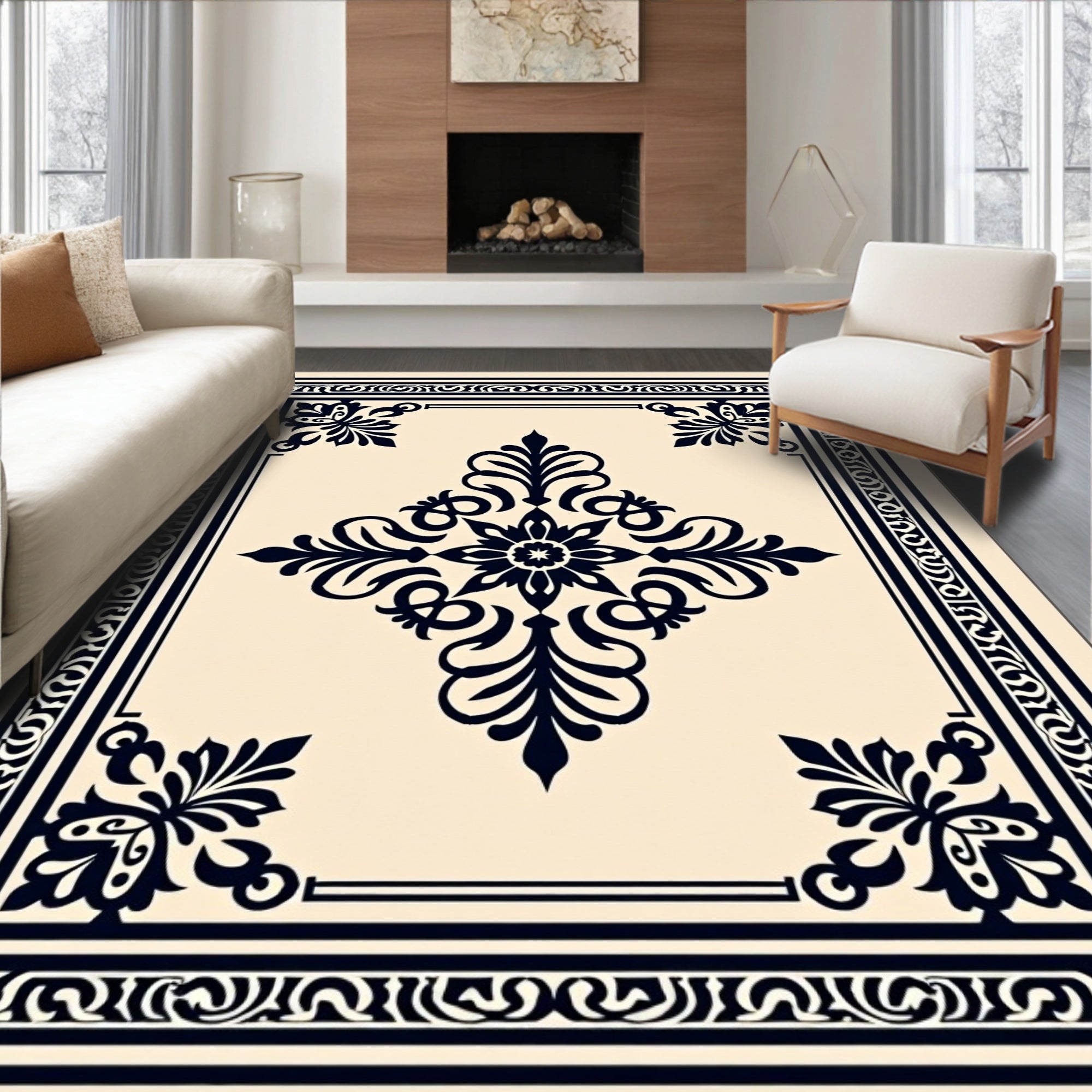 Dark Navy Damask Floral Centerpiece Rug
