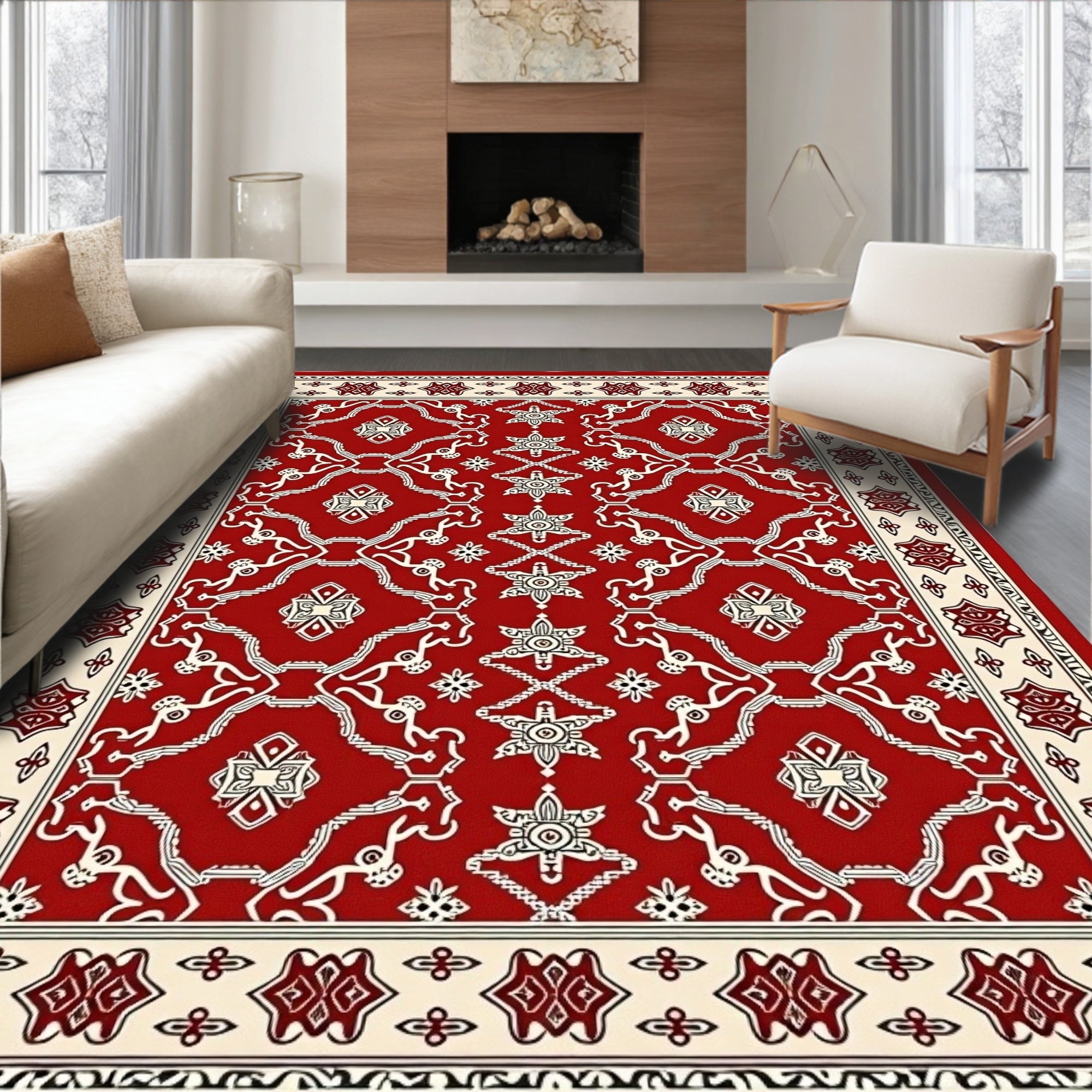Crimson Cream Intricate Floral Frame Rug