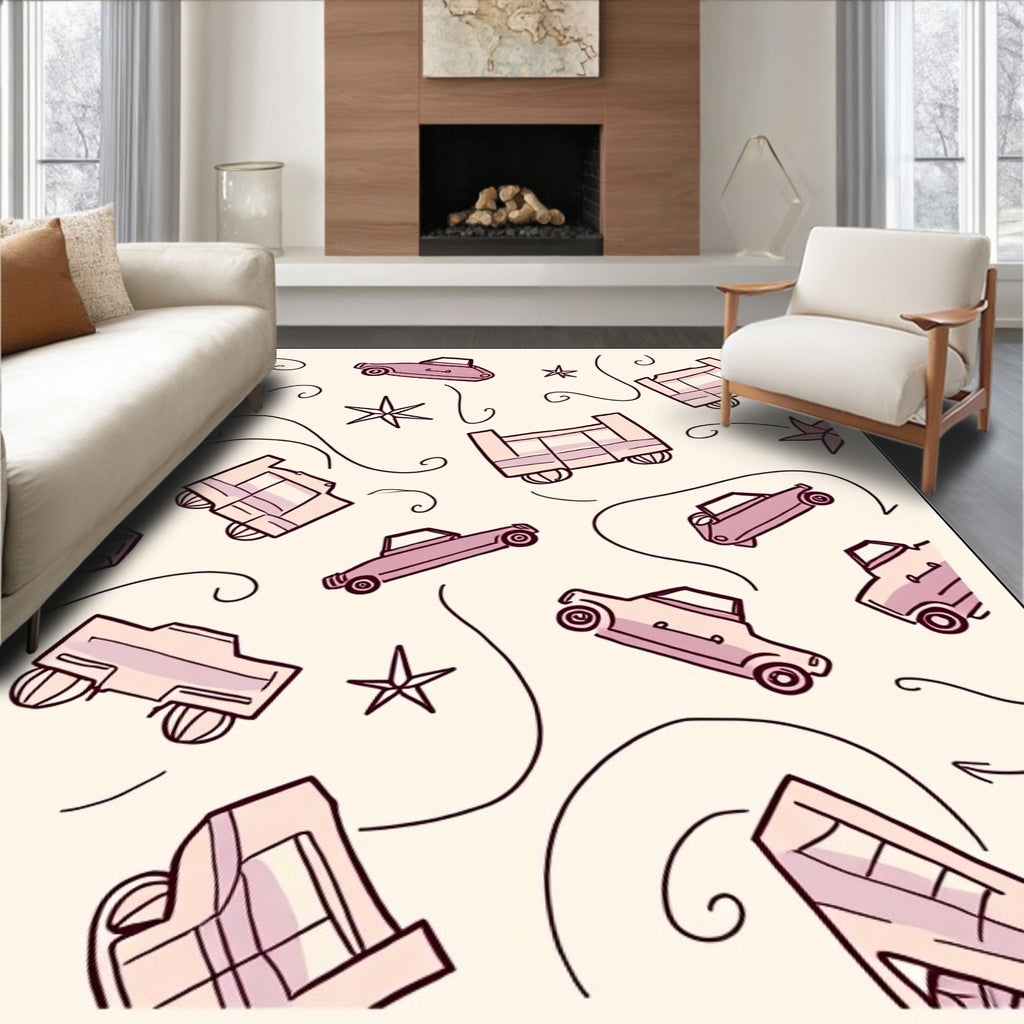 Retro Pink Vehicles Whimsical Swirl Rug