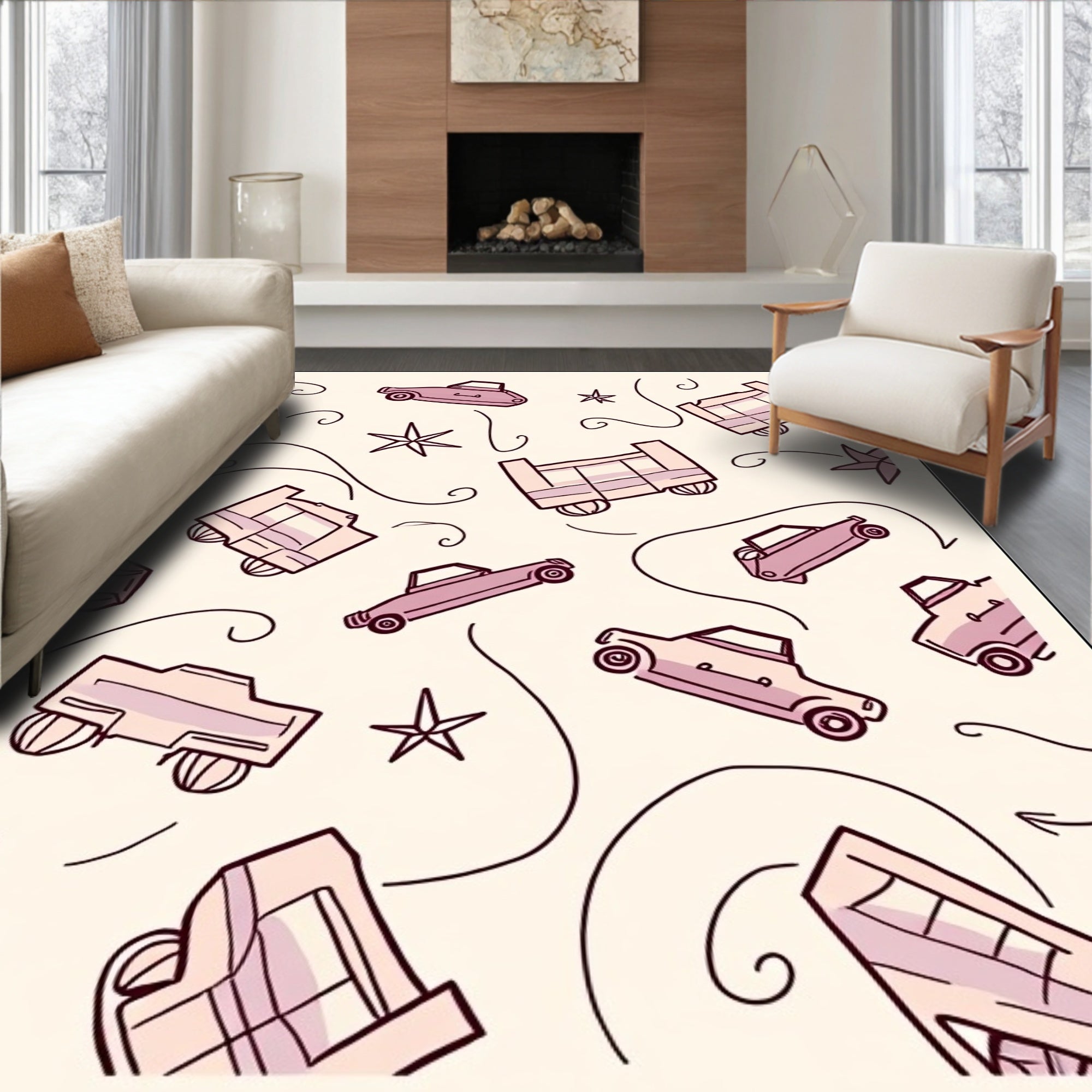 Retro Pink Vehicles Whimsical Swirl Rug