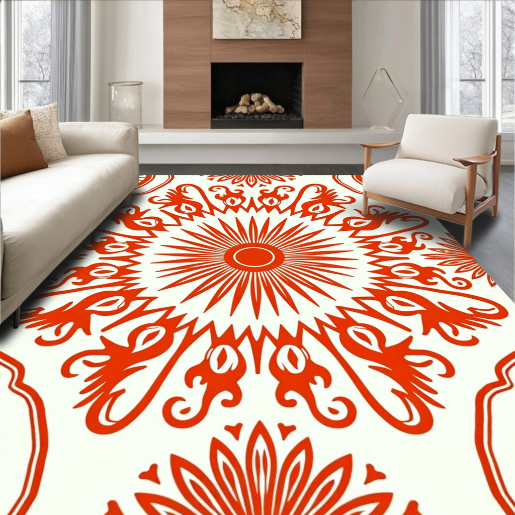 Crimson Sunburst Medallion Folk Rug