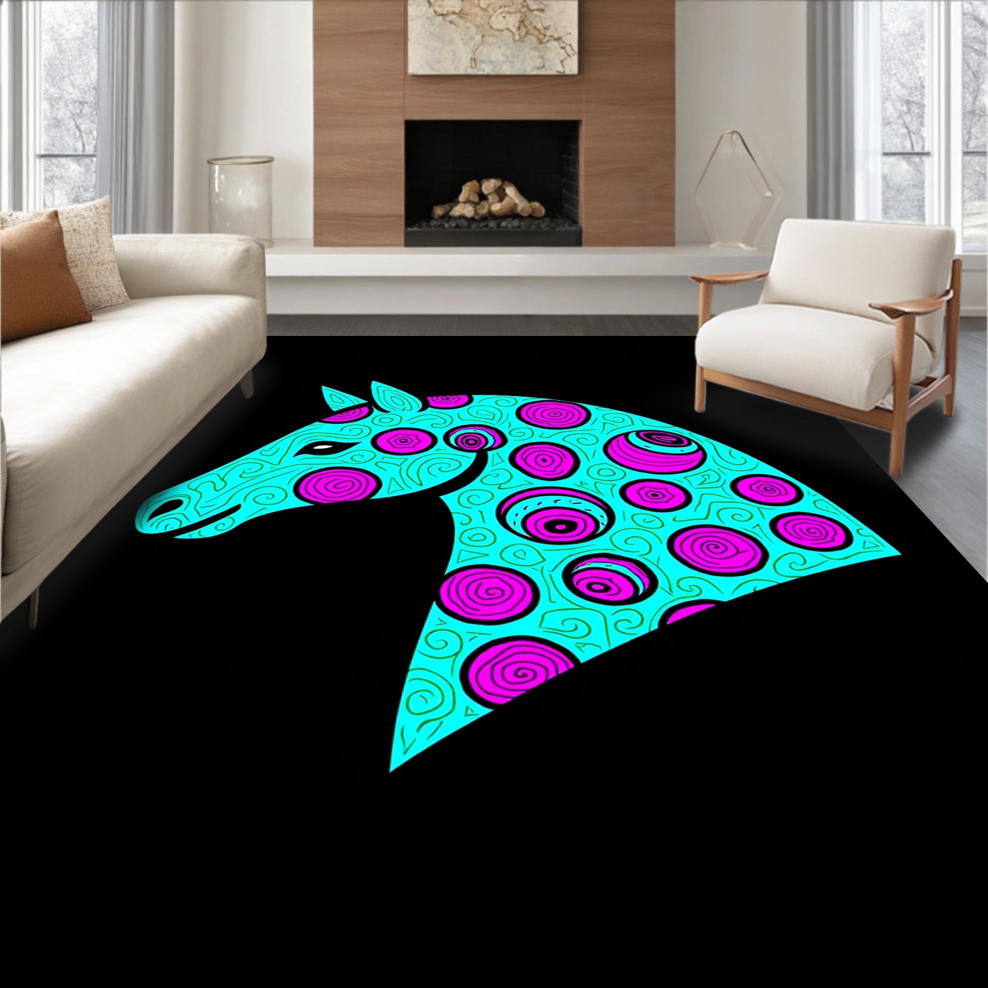 Aqua Pink Swirl Horse Head Rug