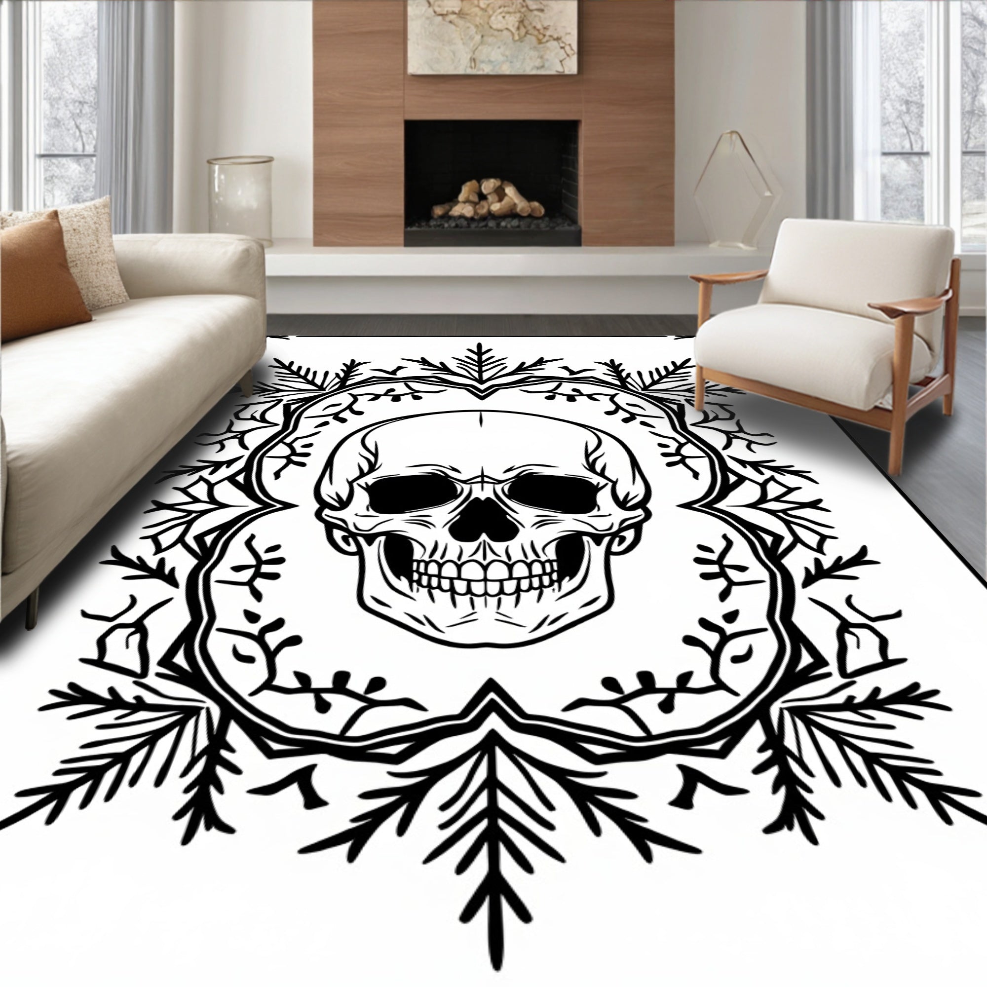 Black Skull Floral Wreath Rug