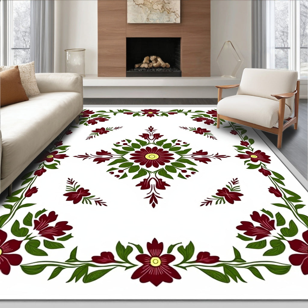 Deep Burgundy Floral Garland Border Rug