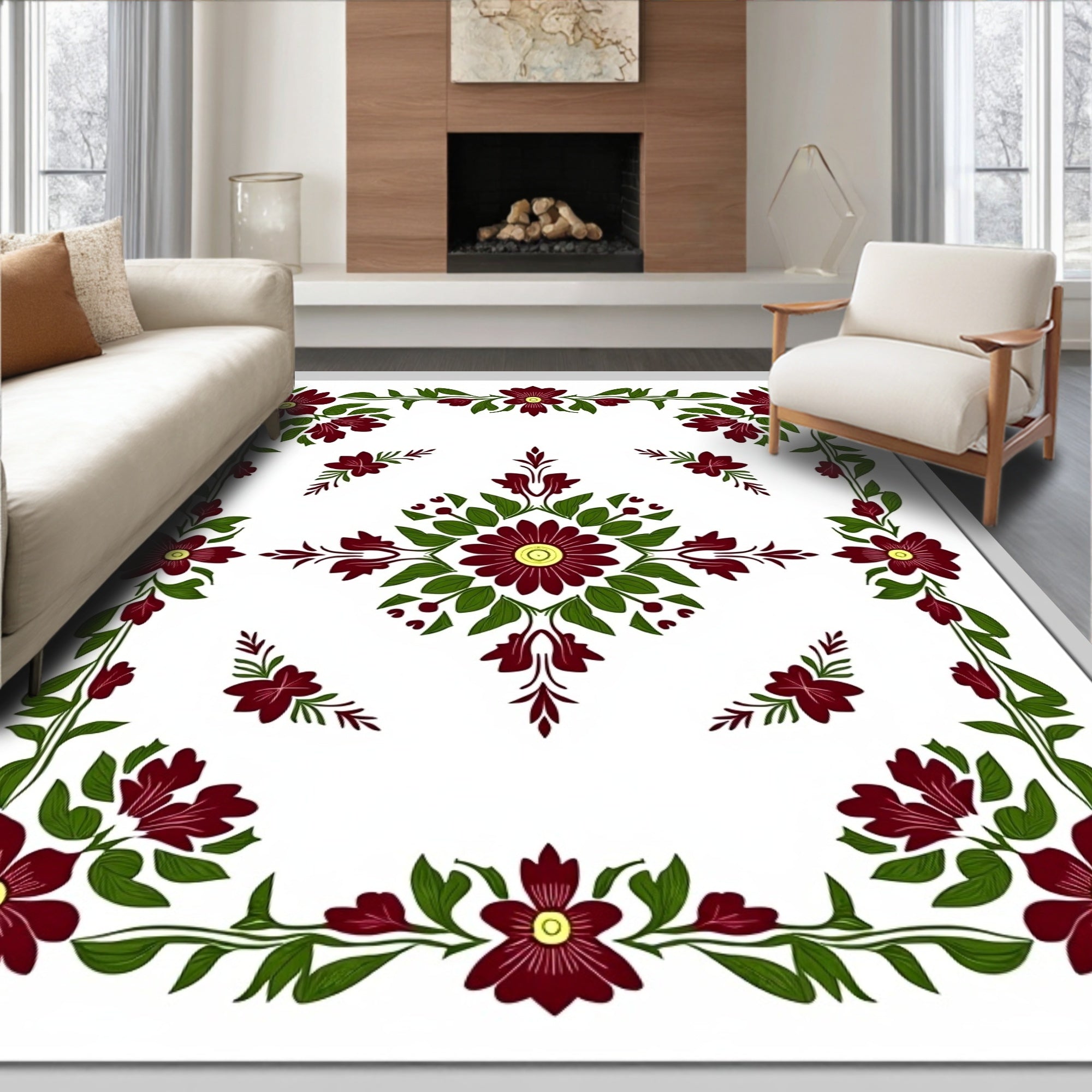 Deep Burgundy Floral Garland Border Rug