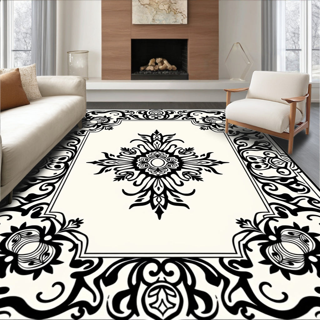 Classic Black and Cream Floral Scroll Rug