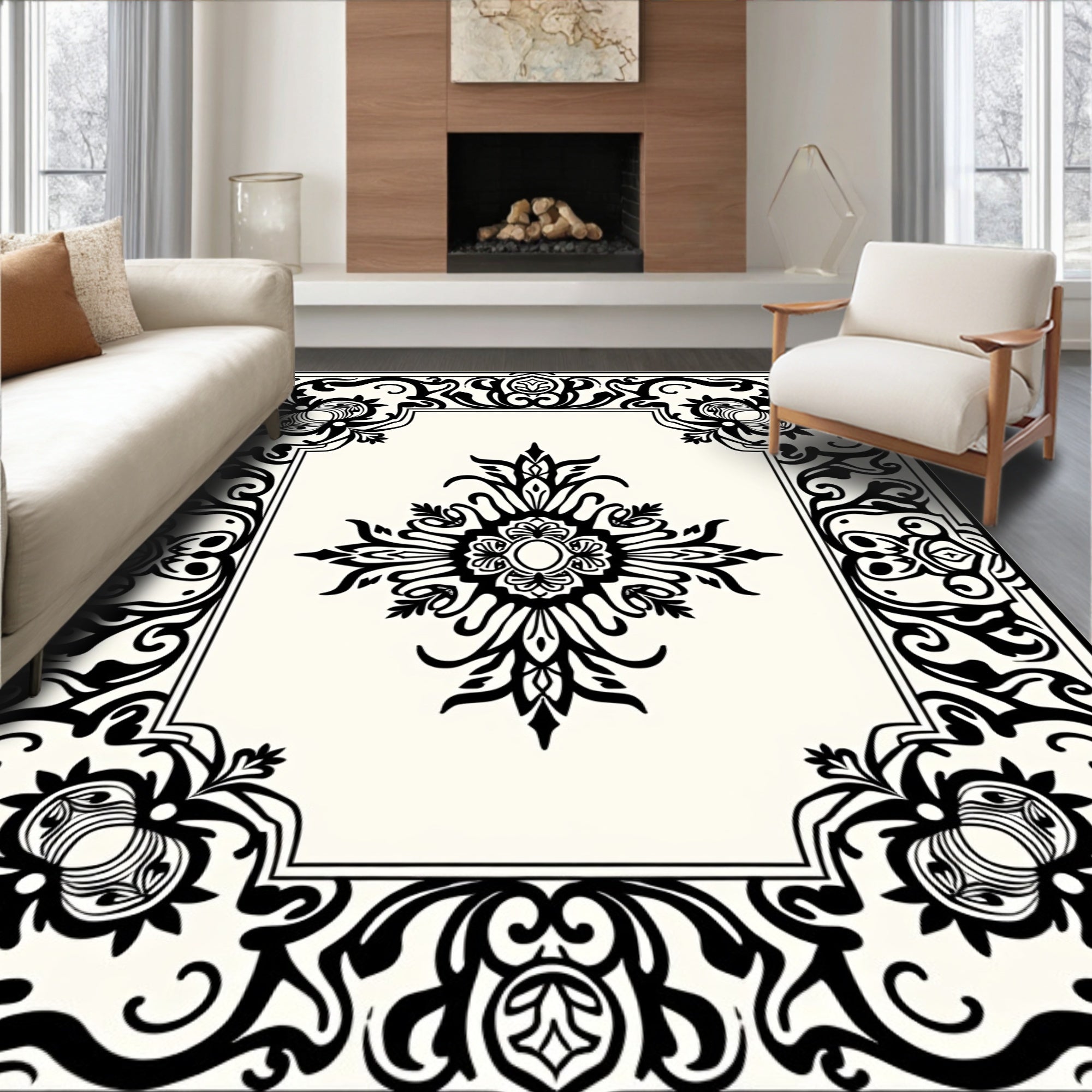 Classic Black and Cream Floral Scroll Rug