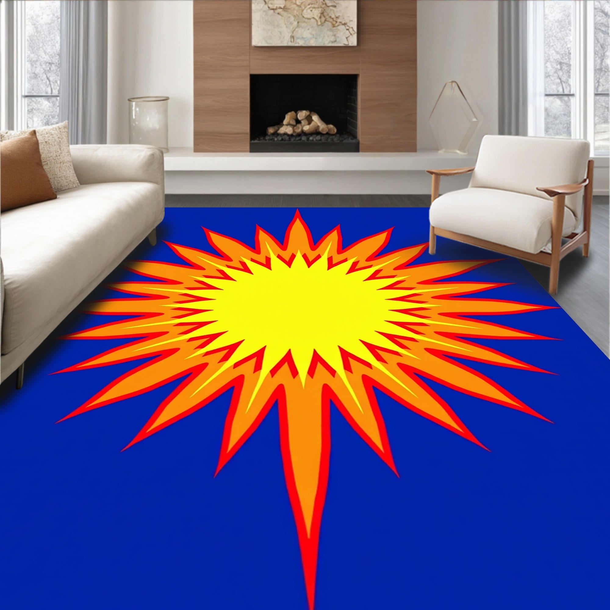Explosive Yellow Orange Starburst Rug