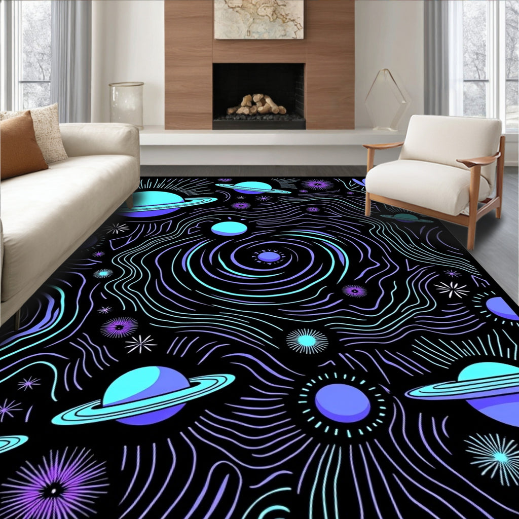 Vibrant Cosmic Planets Swirling Nebula Rug