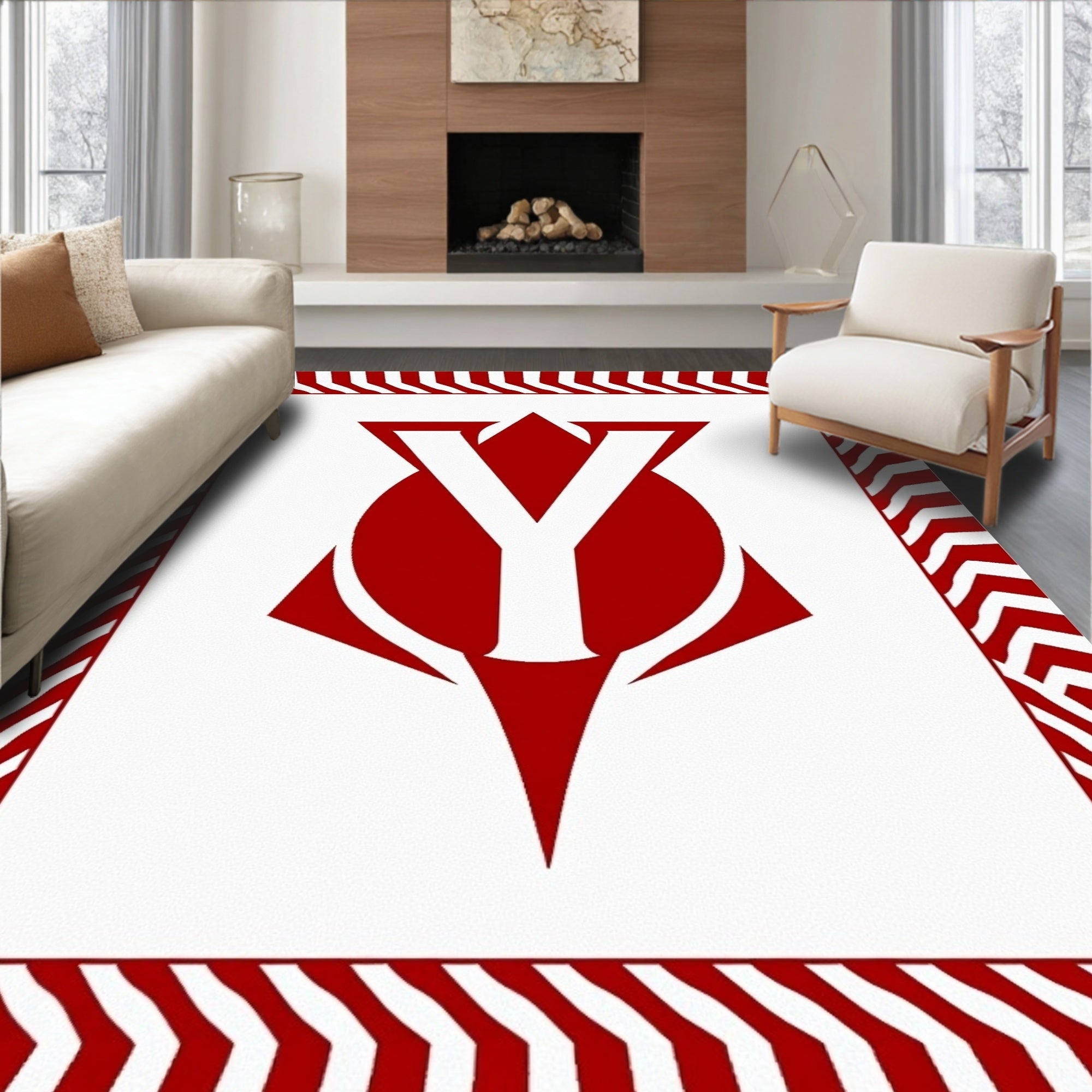 Bold Red White Geometric Chevron Rug