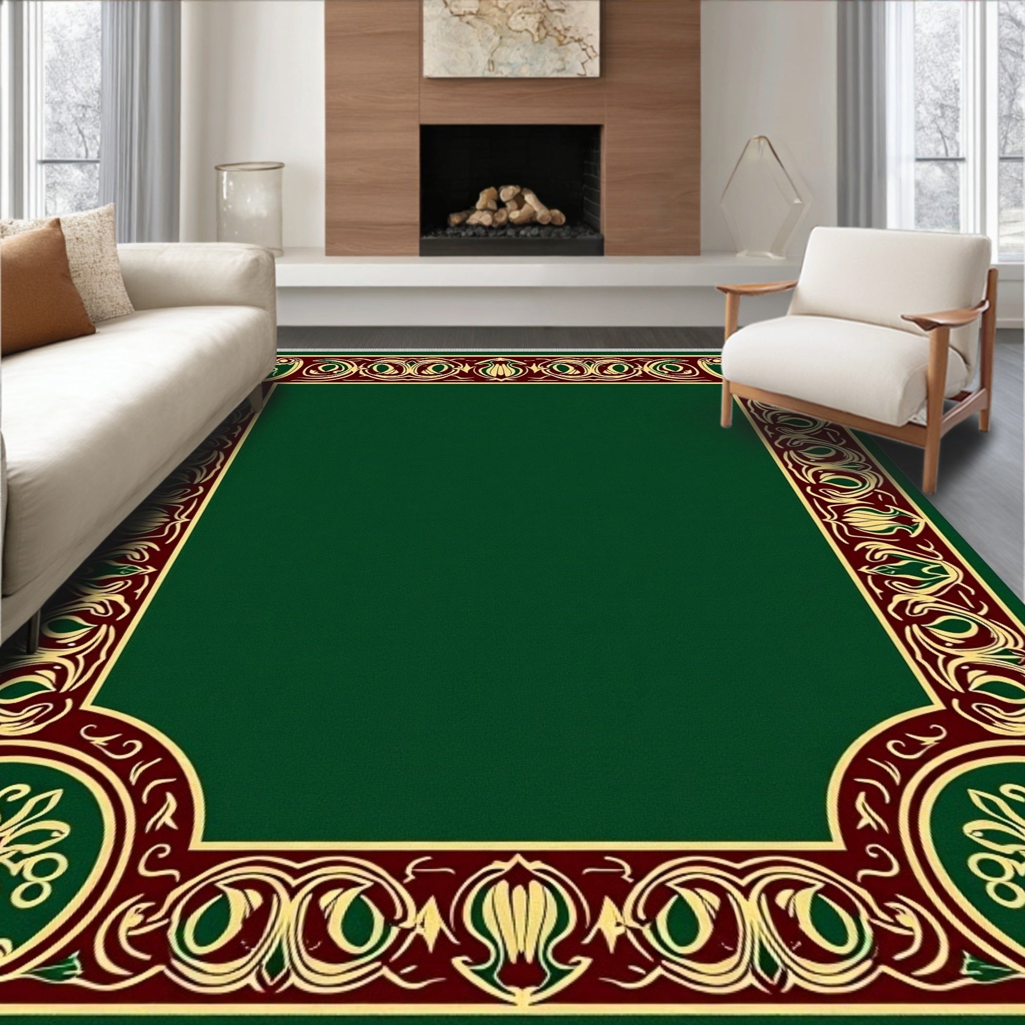 Emerald Green Bordered Floral Medallion Rug