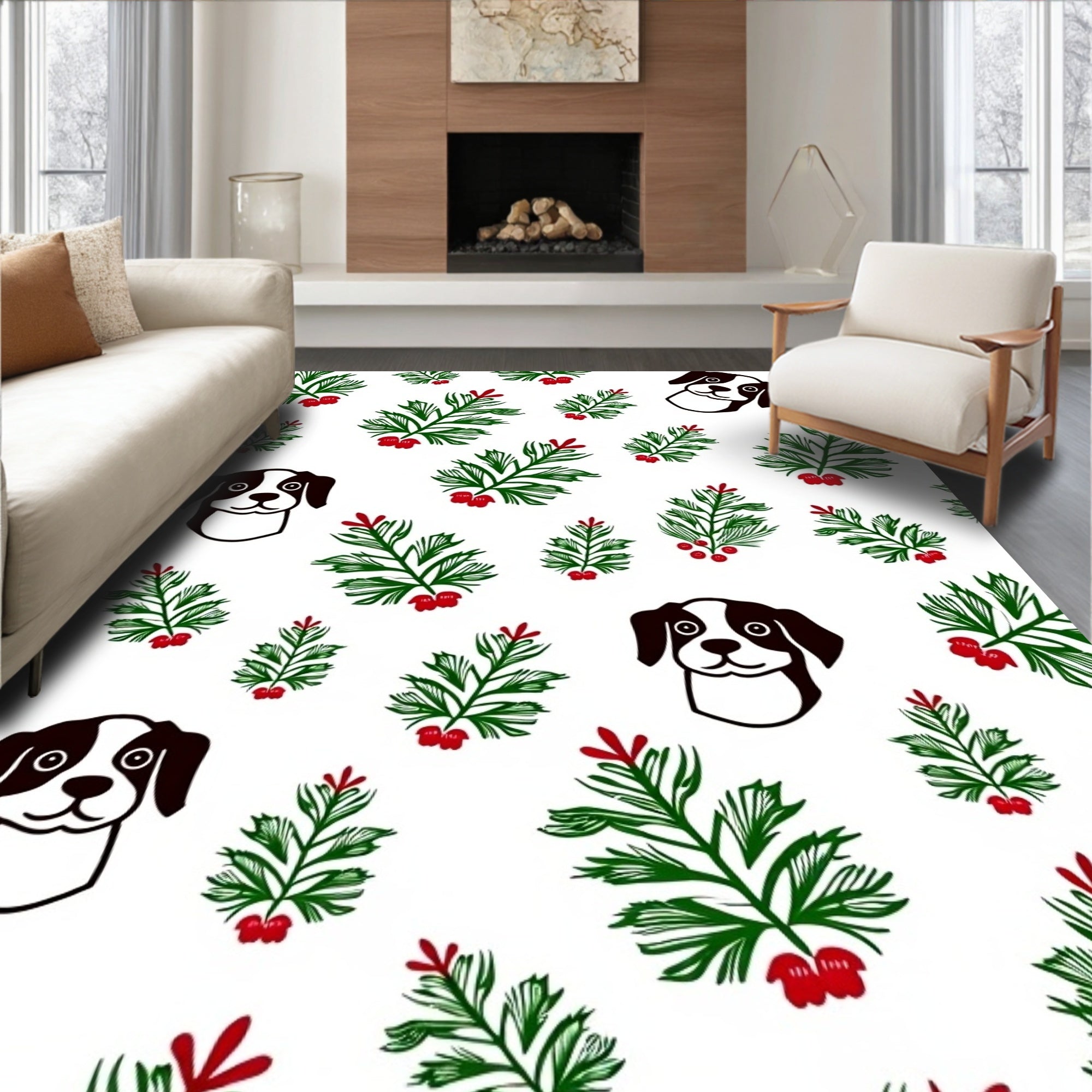 Whimsical Dog Green Berry sprig Rug