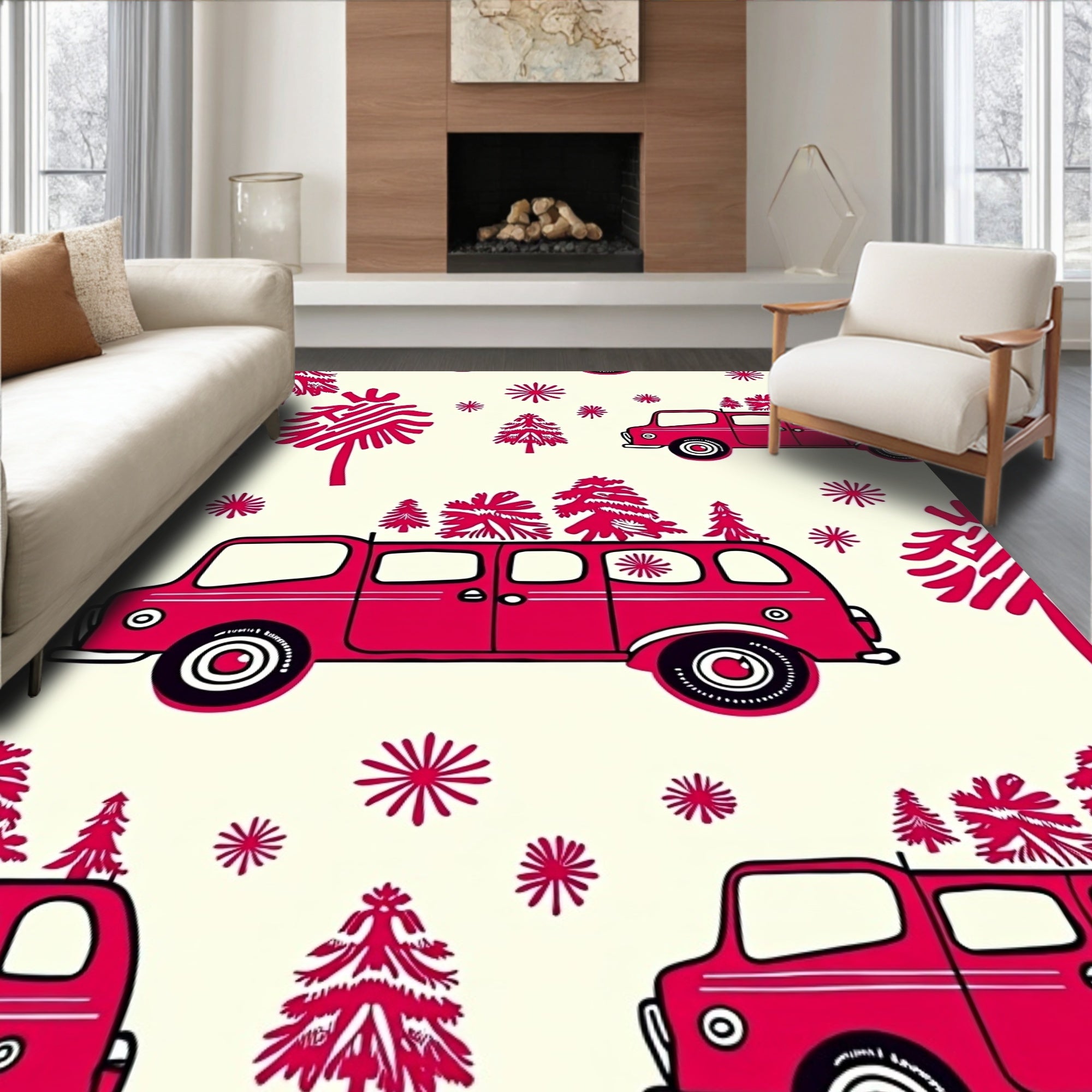 Red Christmas Van With Trees Rug