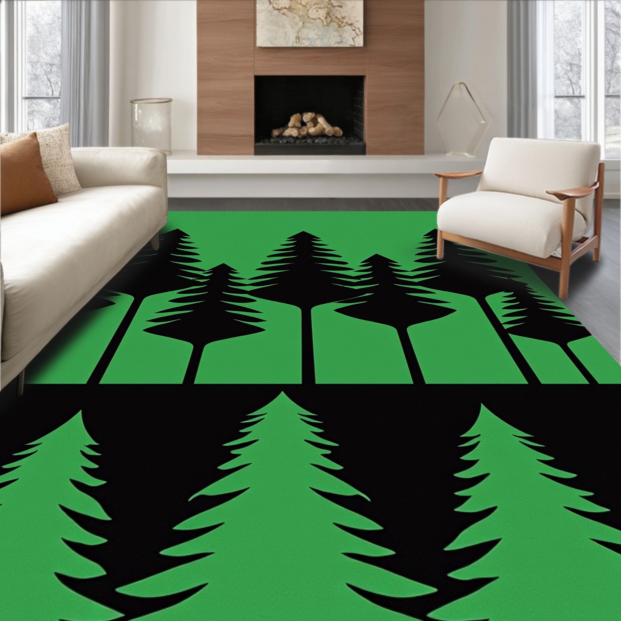 Black Pine Forest Silhouette Green Rug