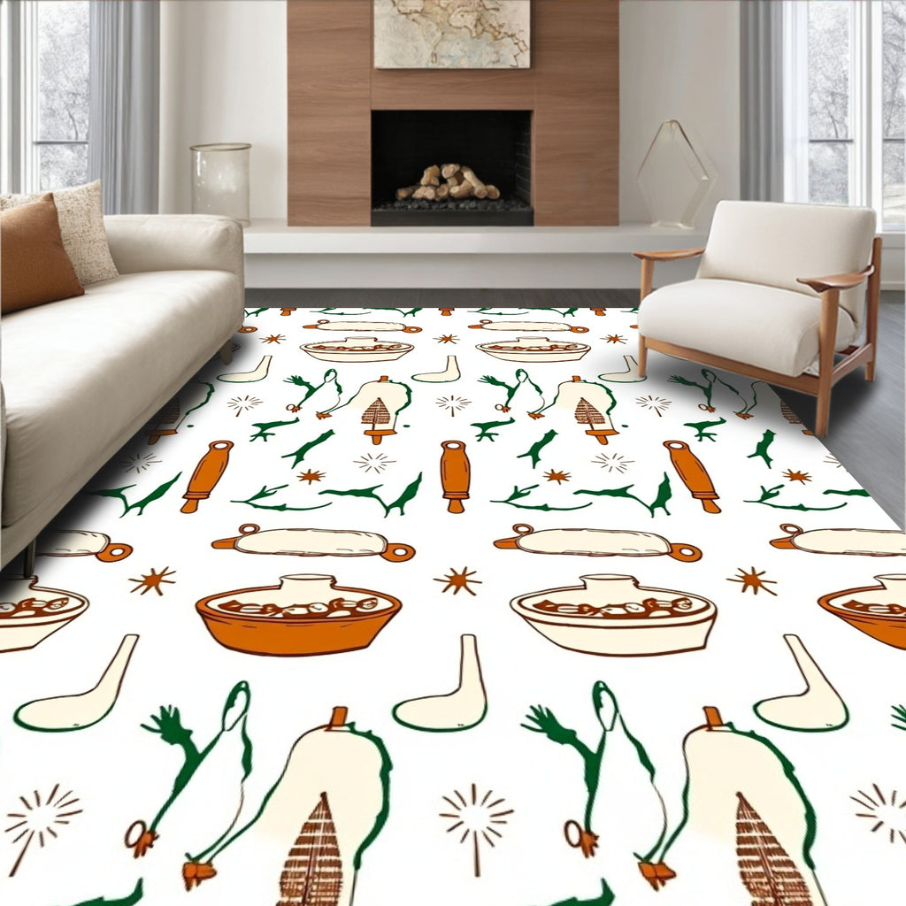 Earthy Orange Folk Objects Cream Rug