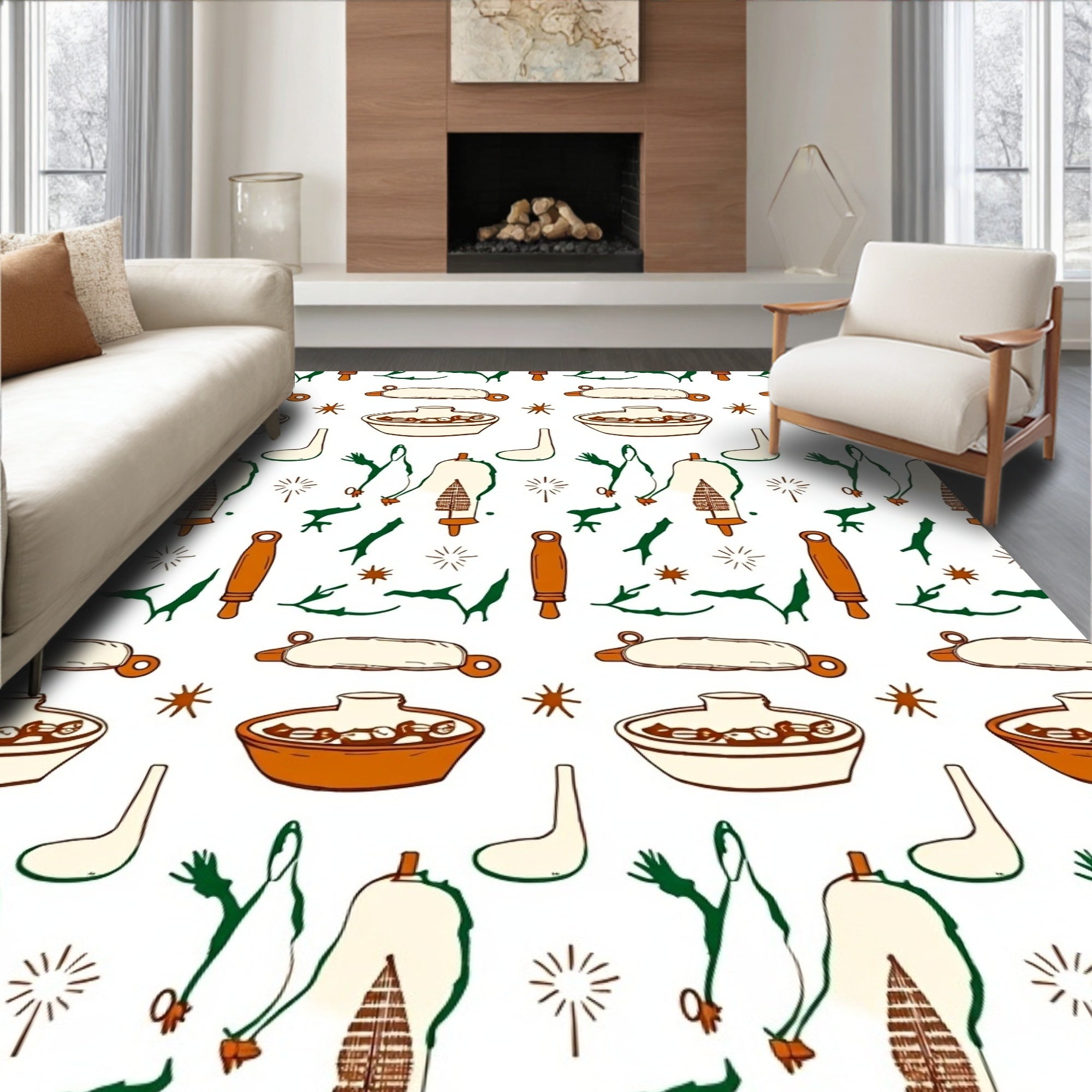 Earthy Orange Folk Objects Cream Rug