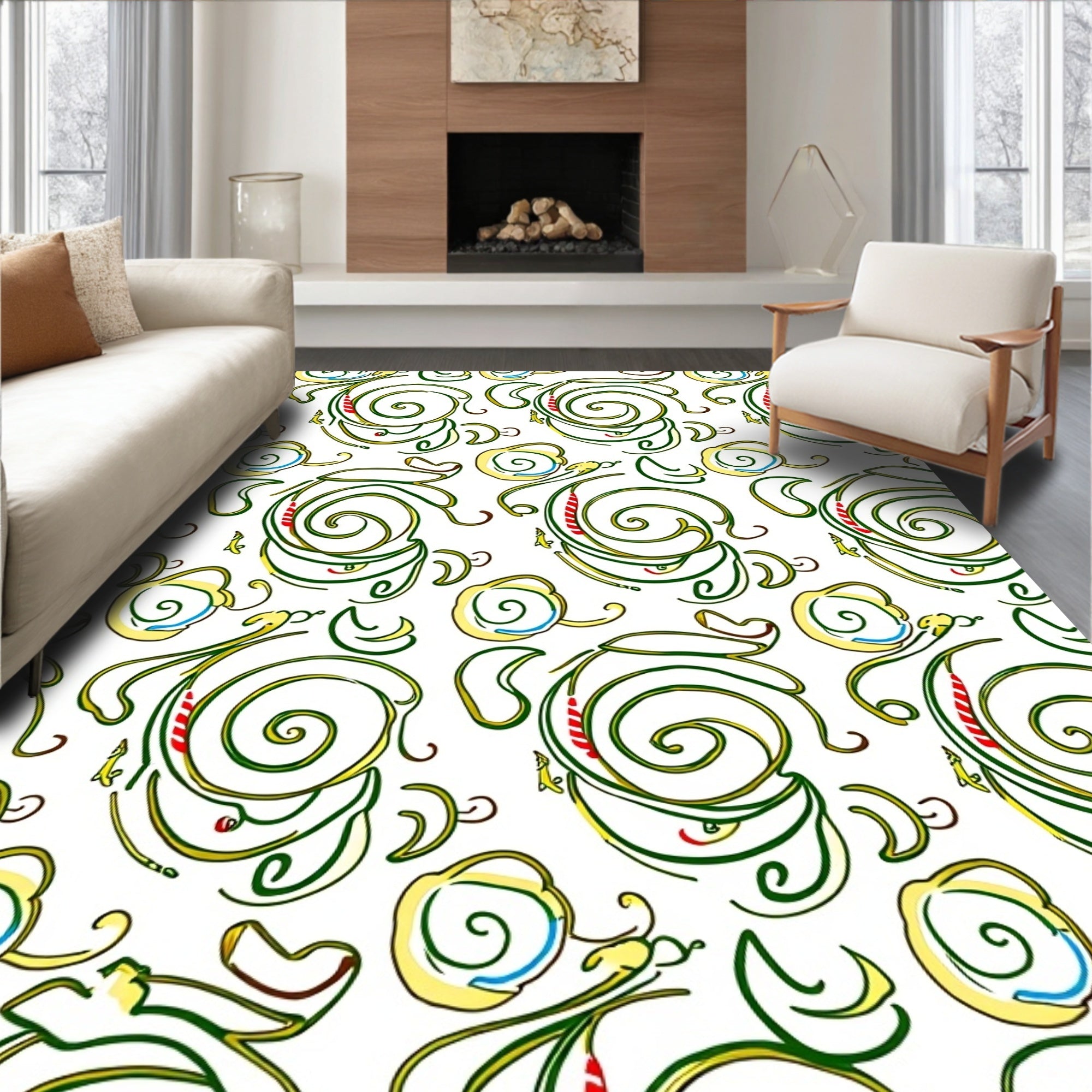 Whimsical Green Swirl Yellow Flower Rug